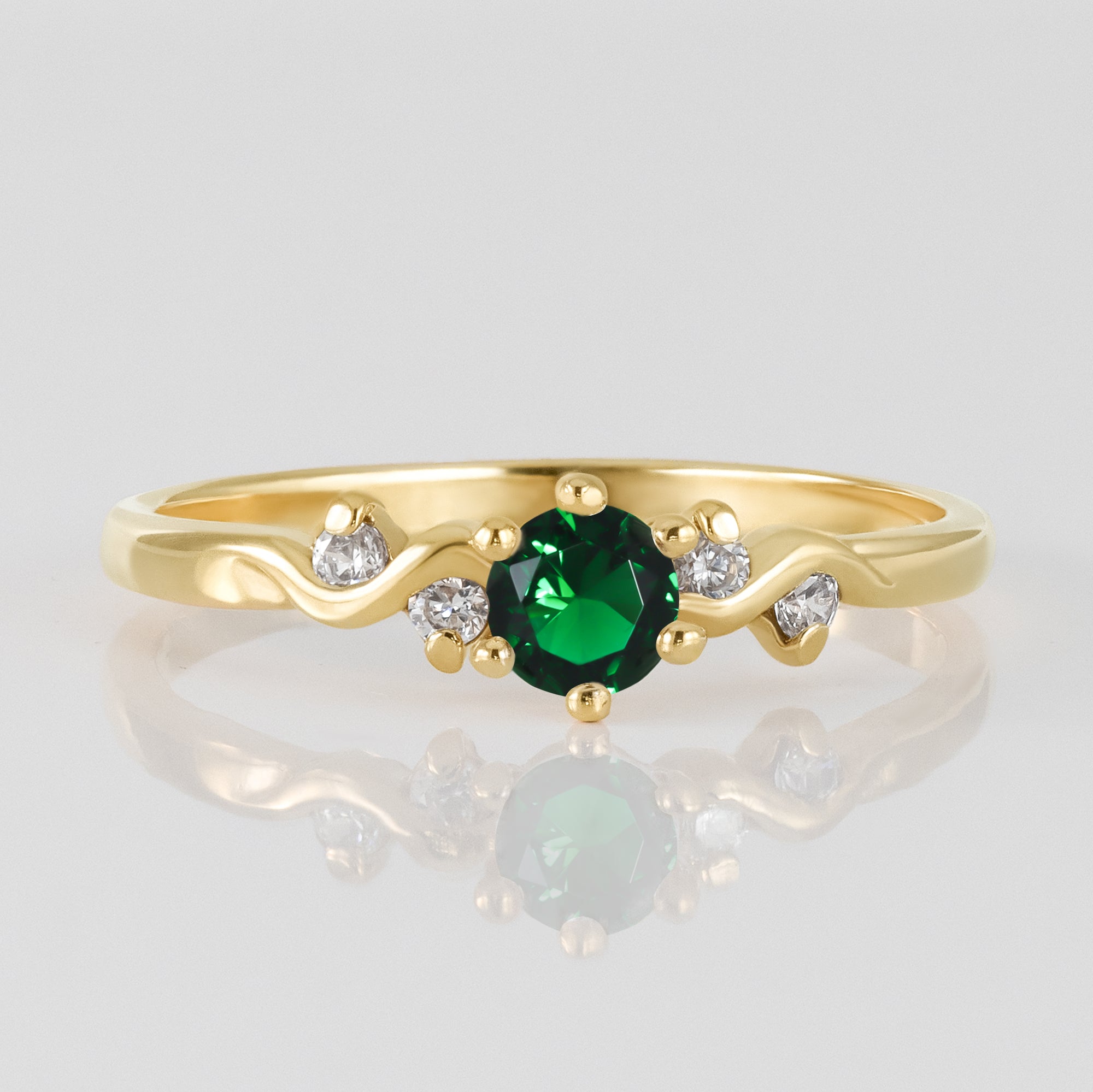 Emerald Ring - May Birthstone - Delicate Ring with Round Emerald Gemstone and Clear Quartz Accents - H.L.Jewelry