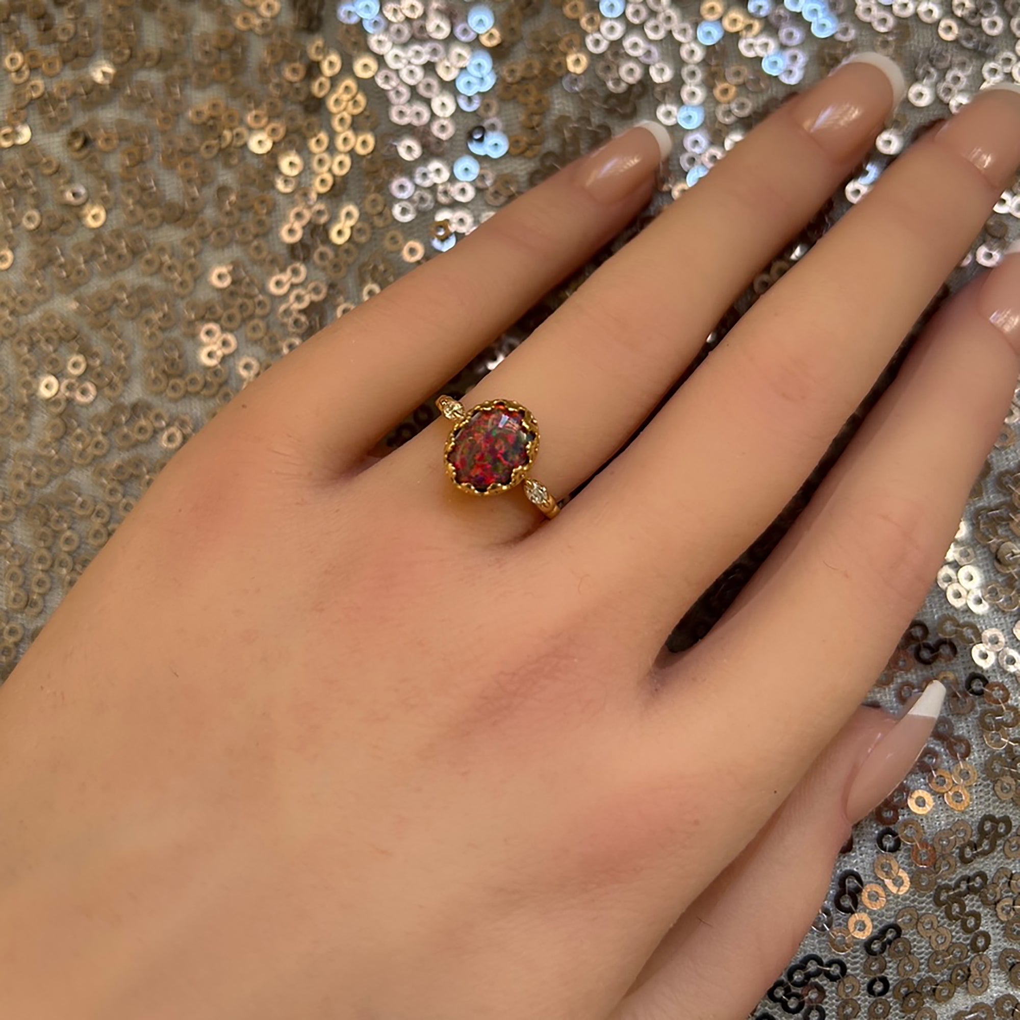 Fire Opal Vintage Oval Crown Ring with Clear Quartz Accents - H.L.Jewelry