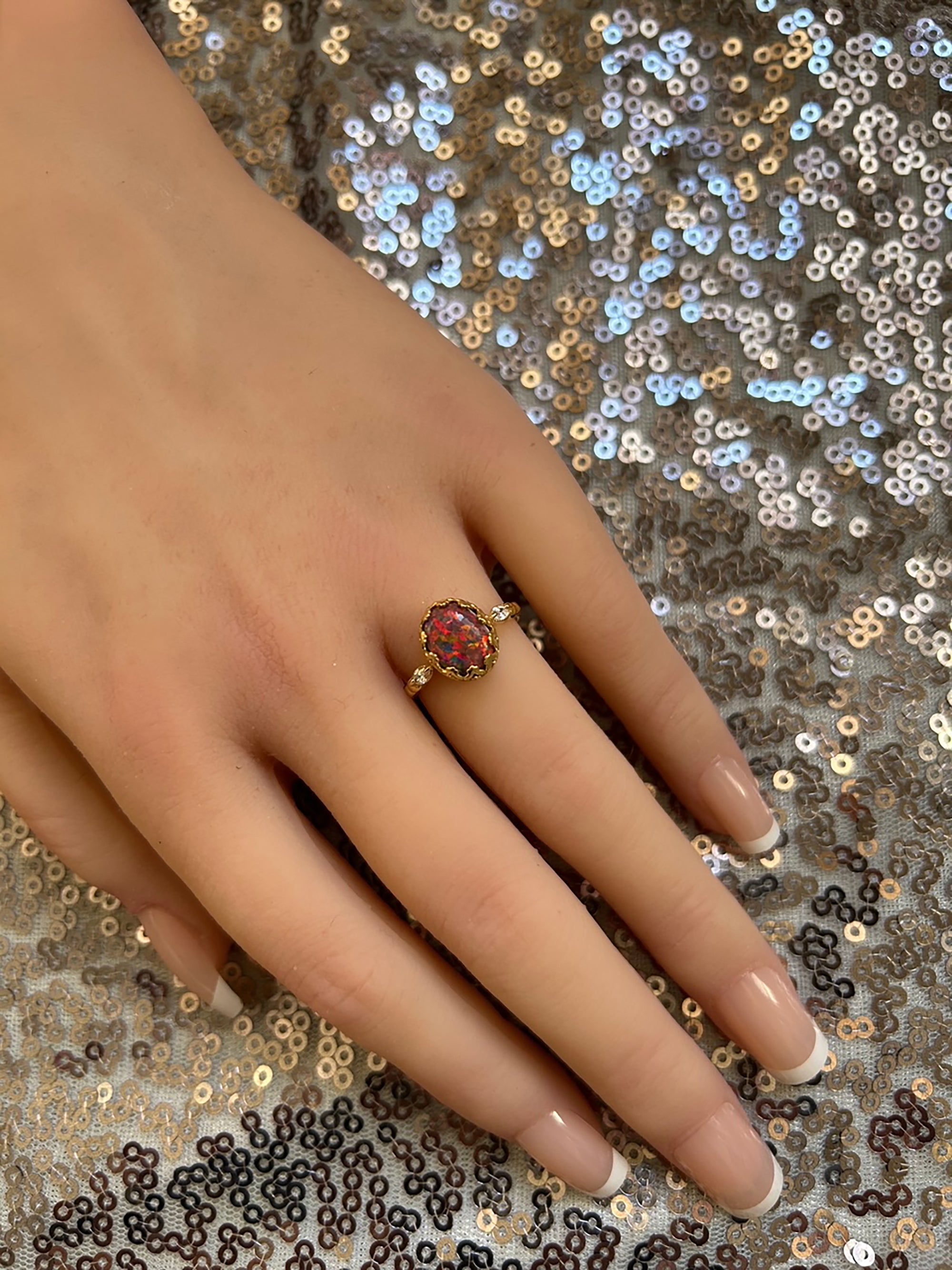 Fire Opal Vintage Oval Crown Ring with Clear Quartz Accents - H.L.Jewelry