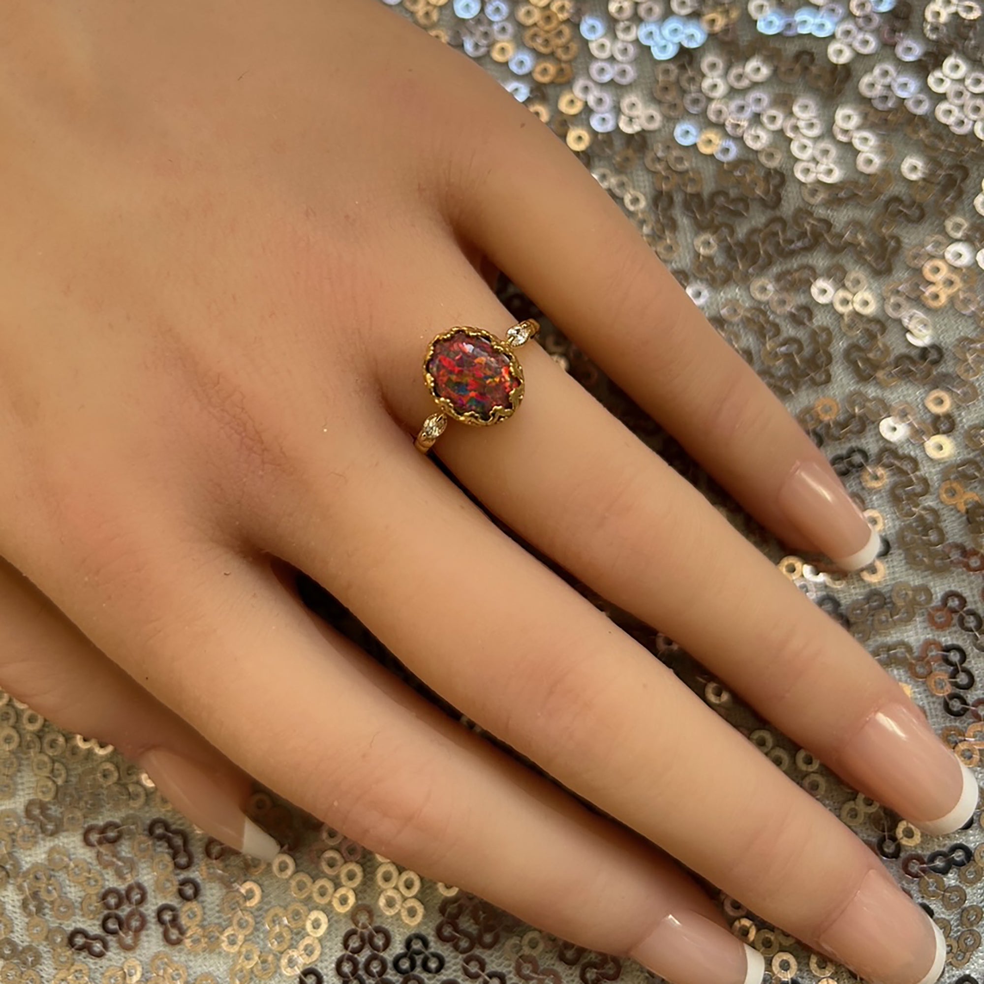 Fire Opal Vintage Oval Crown Ring with Clear Quartz Accents - H.L.Jewelry