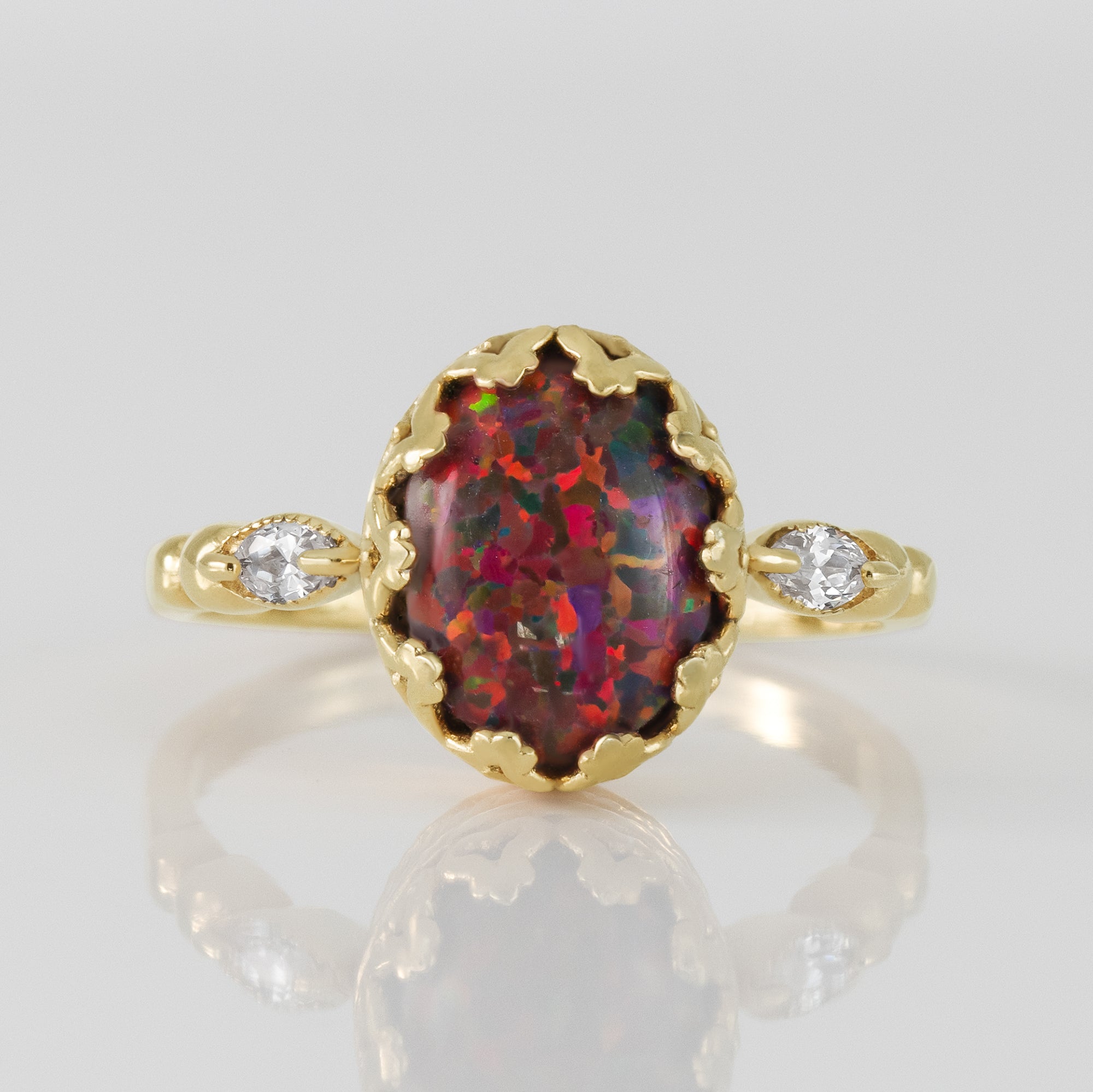 Fire Opal Vintage Oval Crown Ring with Clear Quartz Accents - H.L.Jewelry