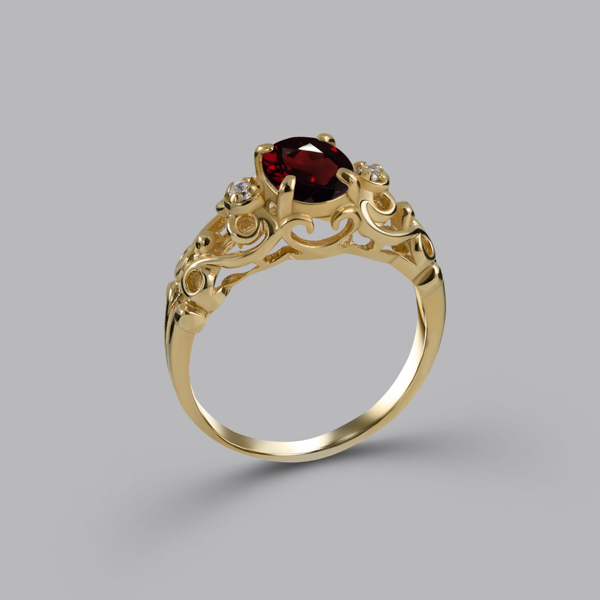 Red Garnet Ring - January Birthstone - Oval Red Garnet Gemstone Lace Ring with Clear Quartz Accents - H.L.Jewelry