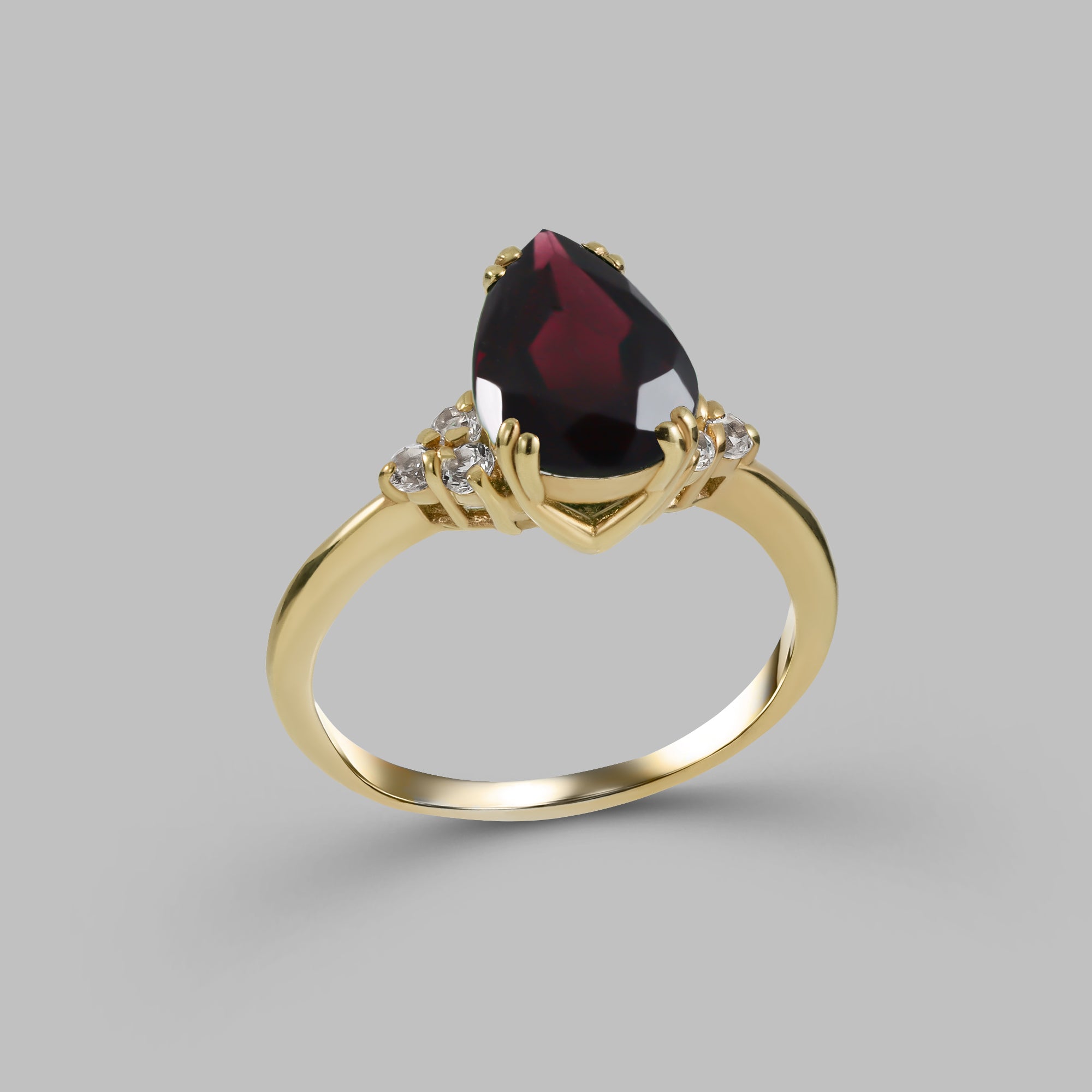 Red Garnet Ring - January Birthstone - Pear-Shaped Red Garnet Gemstone Statement Engagement Ring with Clear Quartz Accents - H.L.Jewelry