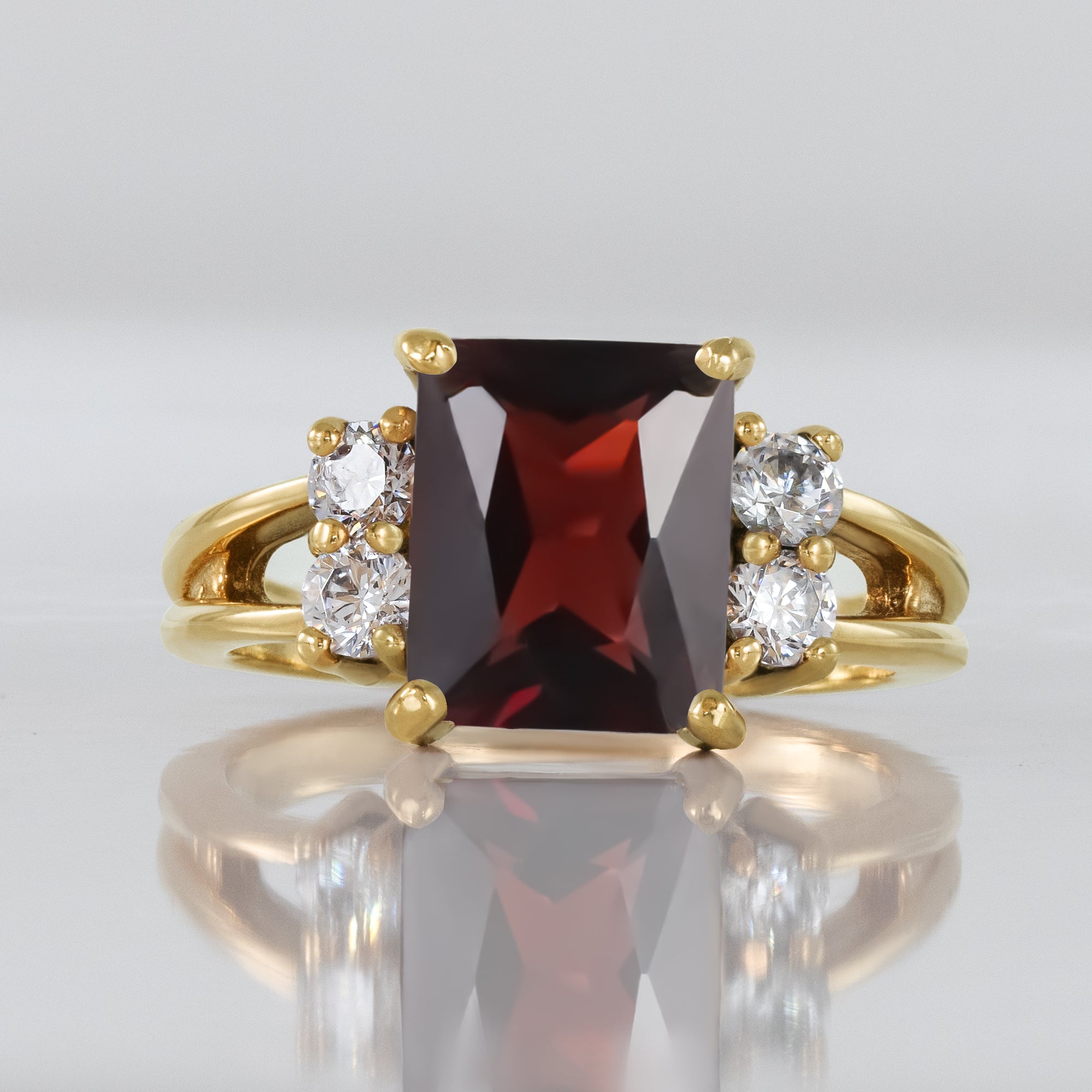 Red Garnet Ring - January Birthstone - Octagon Red Garnet Gemstone Statement Engagement Ring with Clear Quartz Accents - H.L.Jewelry