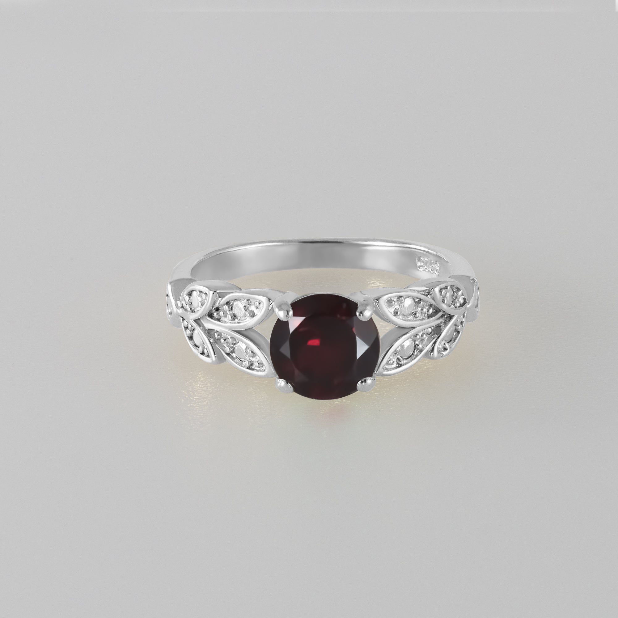 Red Garnet Ring - January Birthstone - Round Red Garnet Gemstone Flower Leaves Ring - H.L.Jewelry