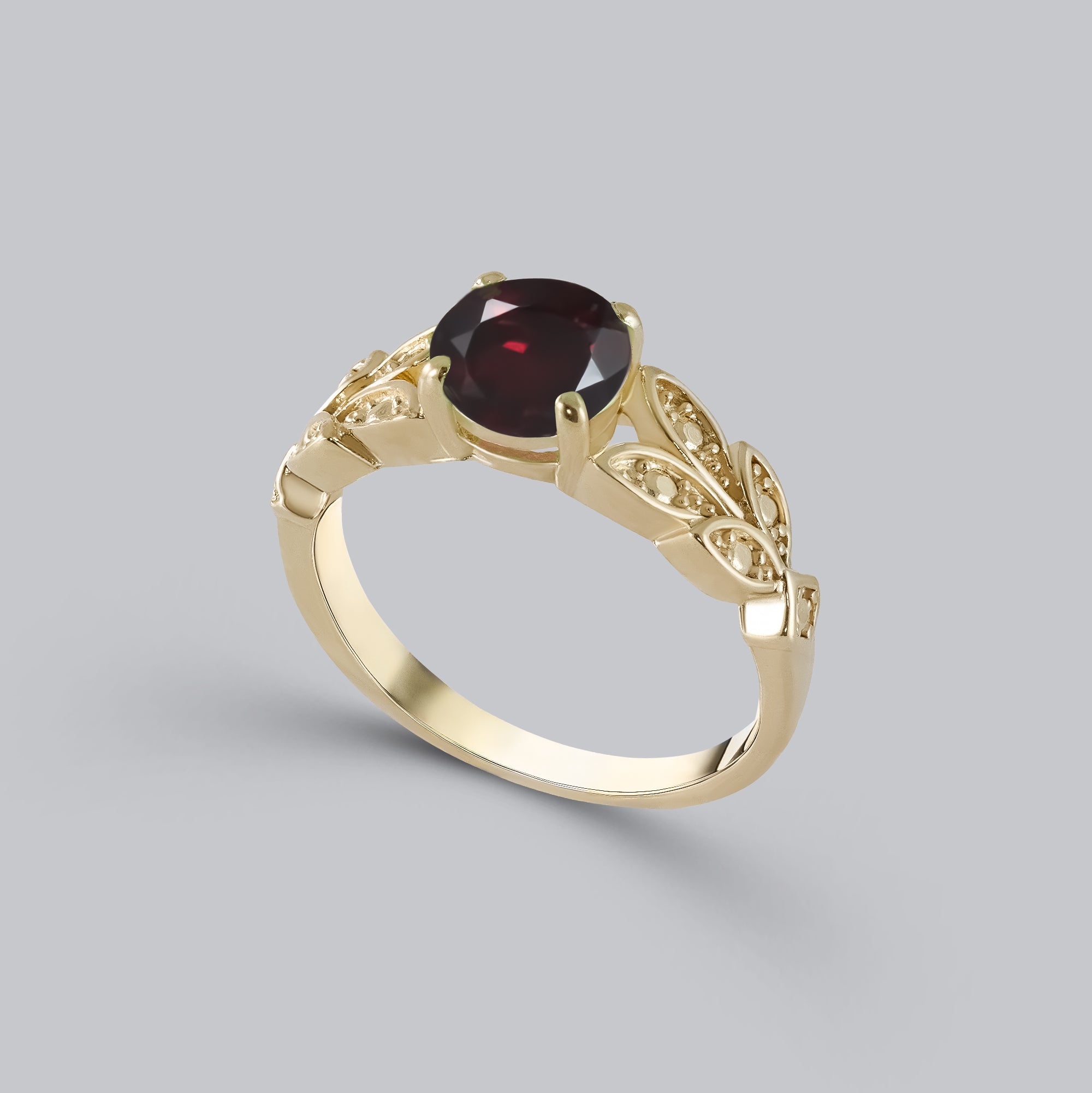 Red Garnet Ring - January Birthstone - Round Red Garnet Gemstone Flower Leaves Ring - H.L.Jewelry