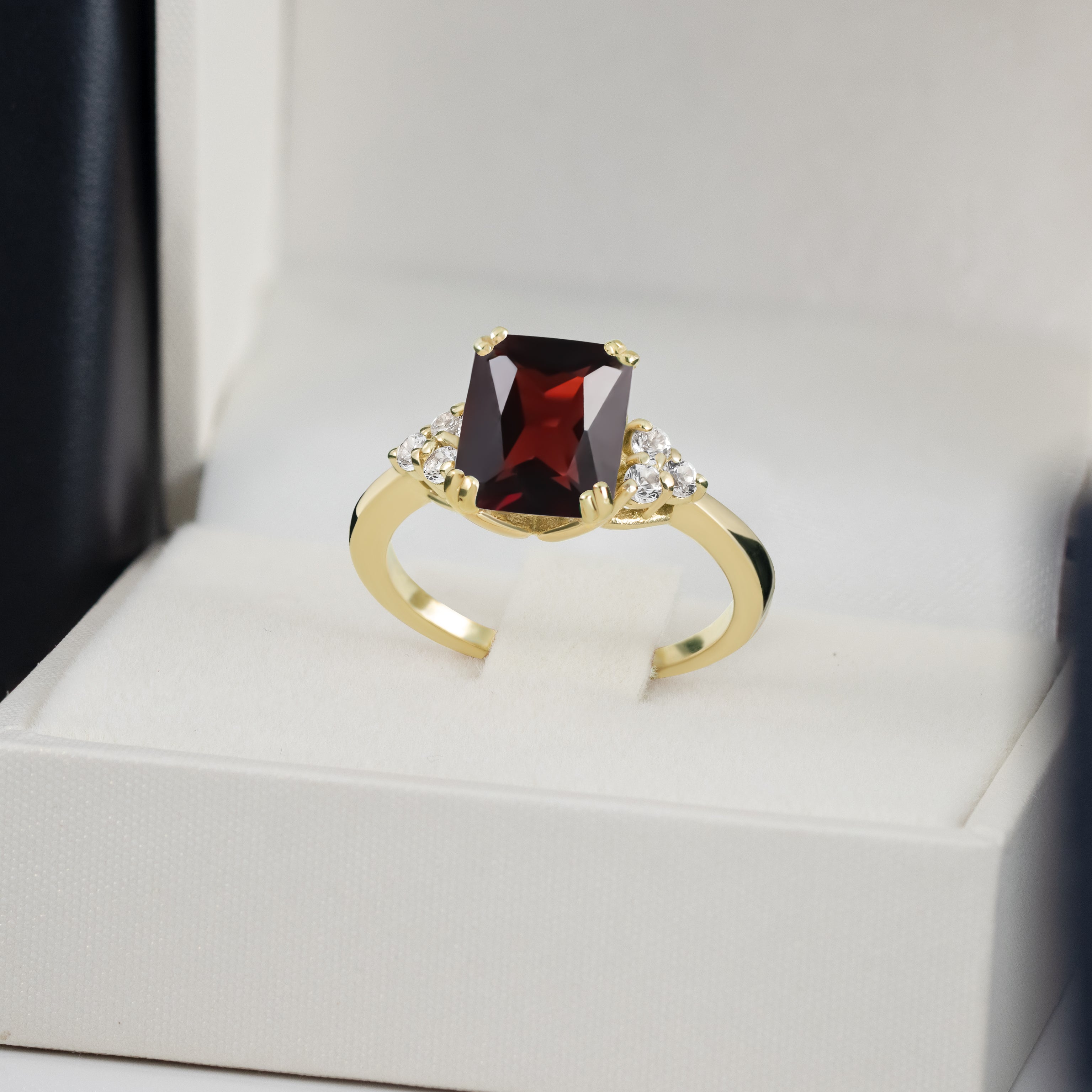 Red Garnet Ring - January Birthstone - Octagon Red Garnet Gemstone Statement Engagement Ring with Clear Quartz Accents - H.L.Jewelry