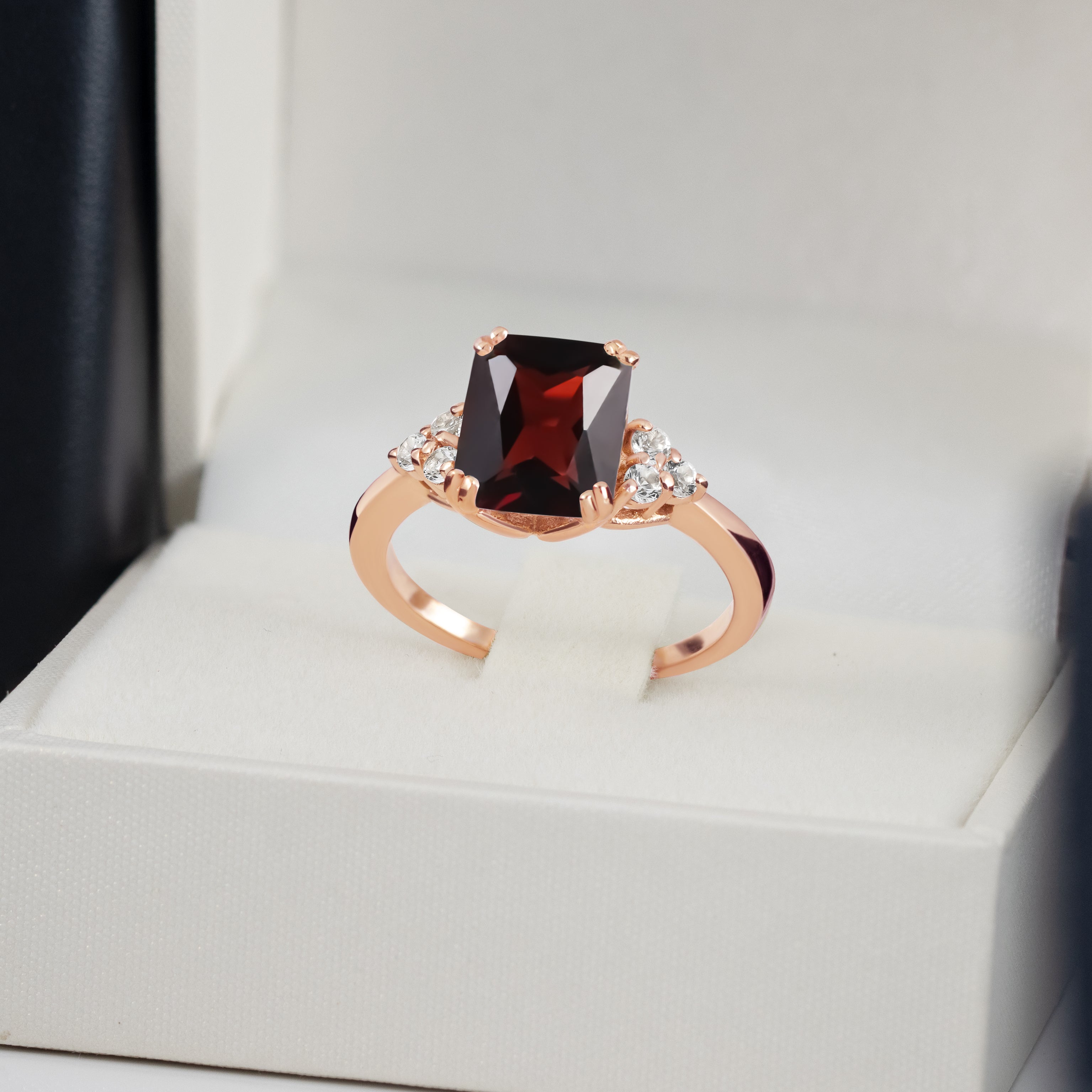 Red Garnet Ring - January Birthstone - Octagon Red Garnet Gemstone Statement Engagement Ring with Clear Quartz Accents - H.L.Jewelry