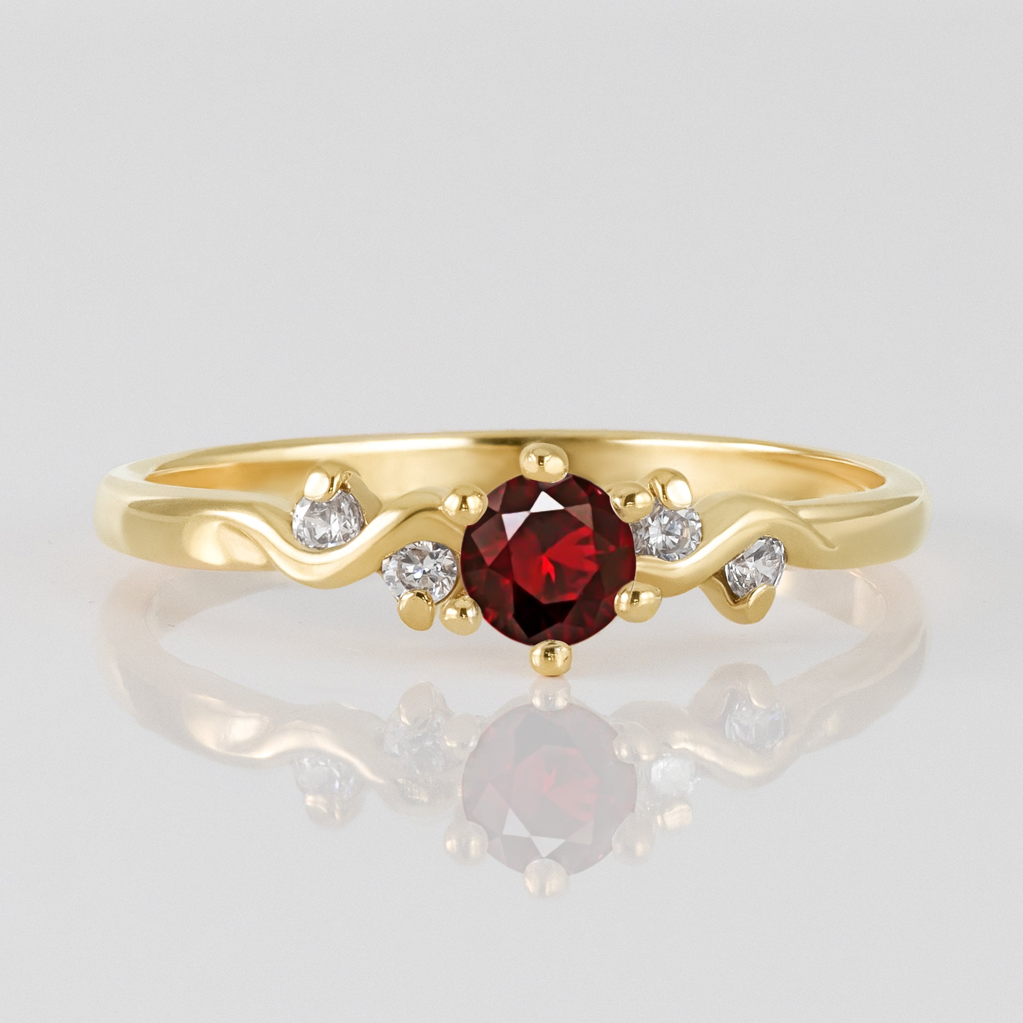 Red Garnet Ring - January Birthstone - Delicate Ring with Round Red Garnet Gemstone and Clear Quartz Accents - H.L.Jewelry