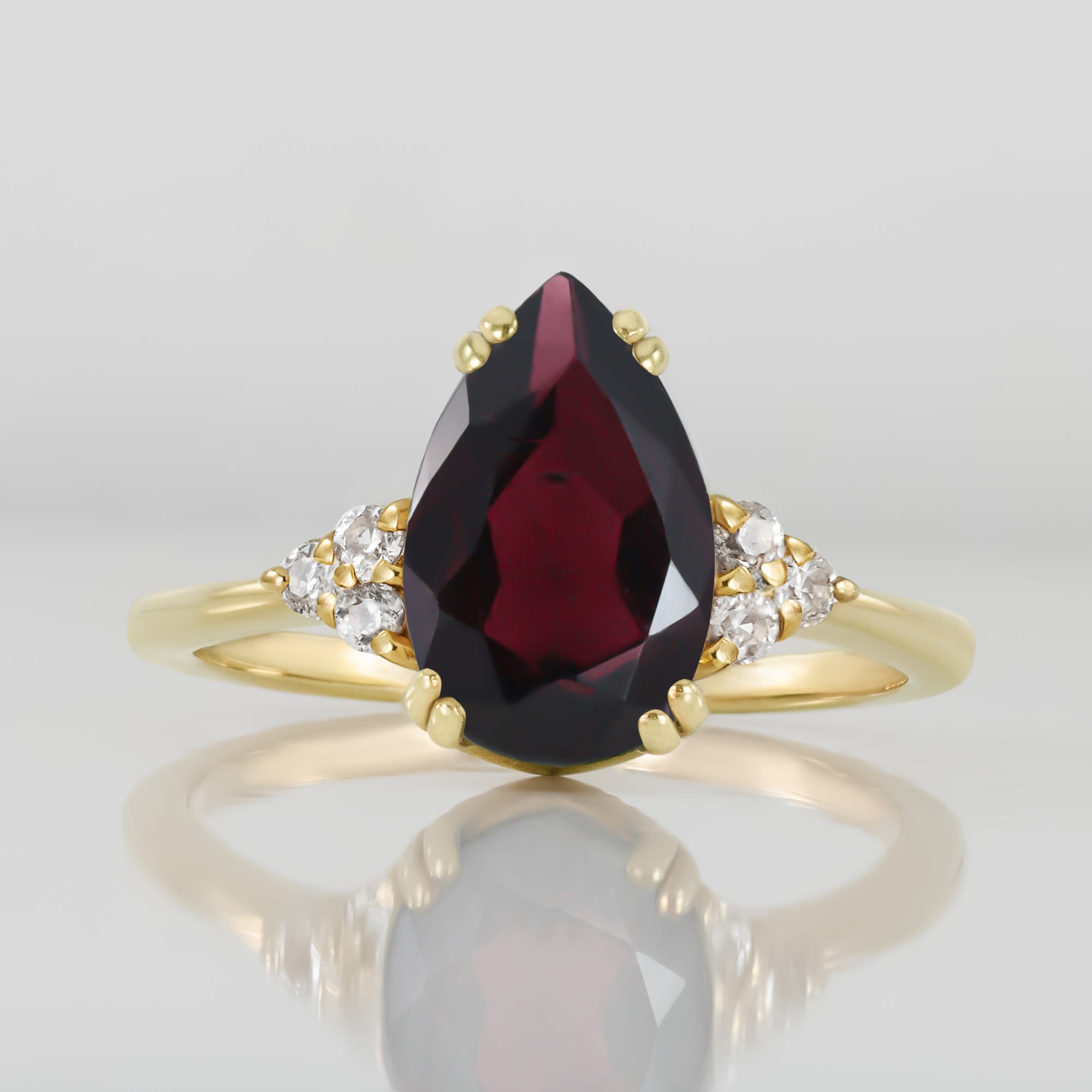 Red Garnet Ring - January Birthstone - Pear-Shaped Red Garnet Gemstone Statement Engagement Ring with Clear Quartz Accents - H.L.Jewelry