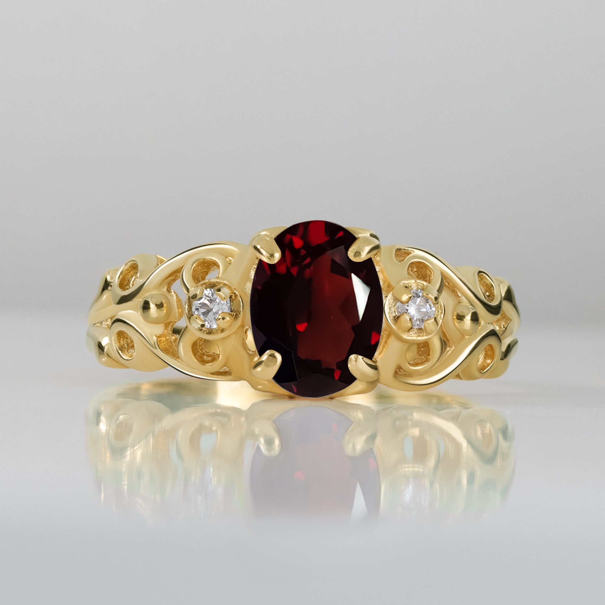 Red Garnet Ring - January Birthstone - Oval Red Garnet Gemstone Lace Ring with Clear Quartz Accents - H.L.Jewelry