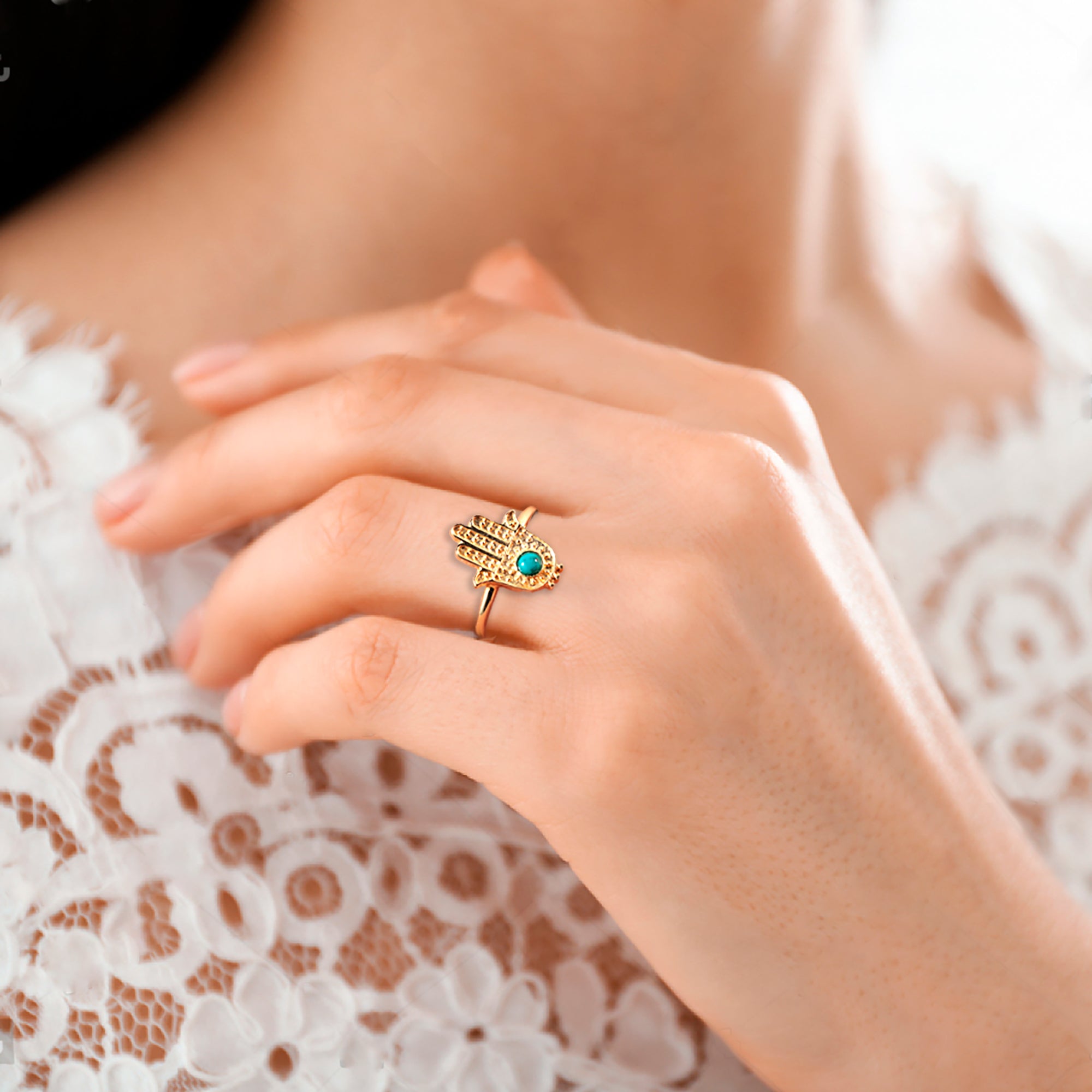 Hamsa Simple Ring with Green Turquoise - H.L.Jewelry