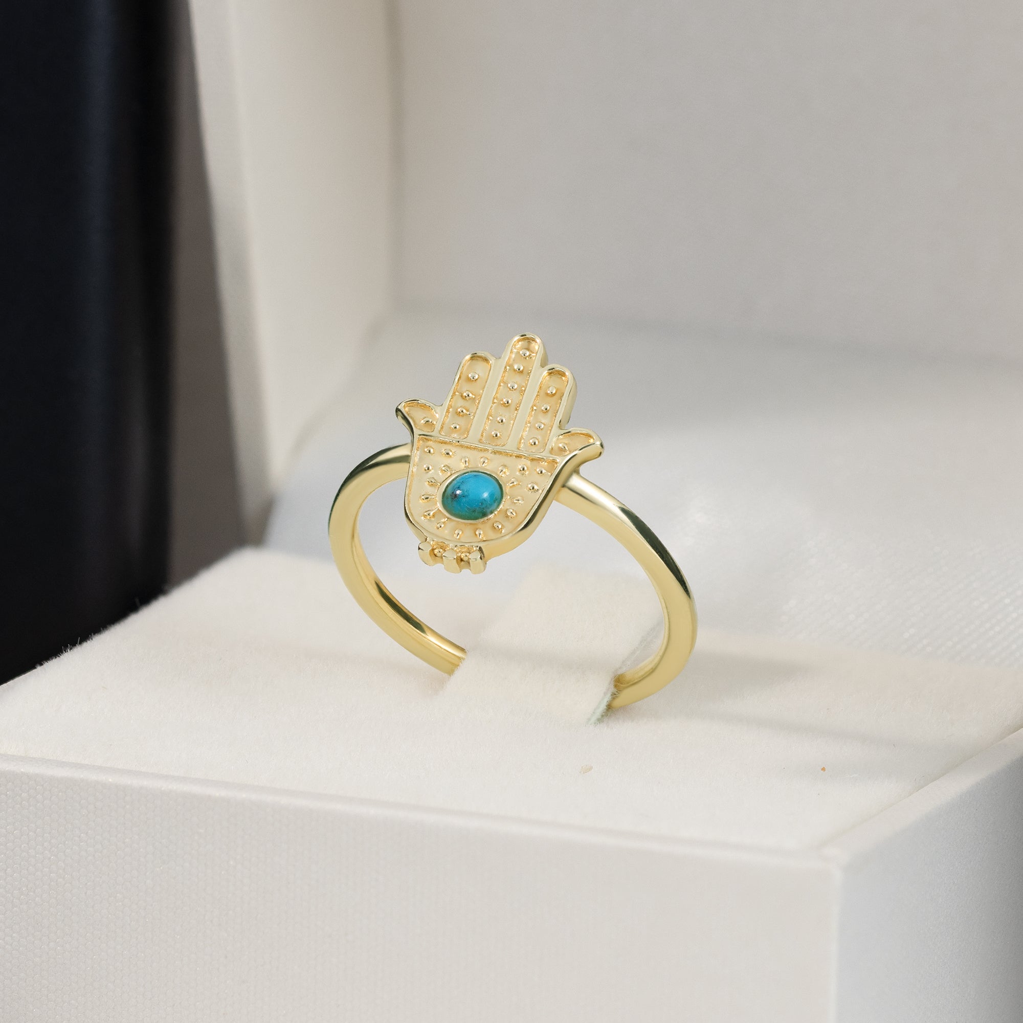 Hamsa Simple Ring with Green Turquoise - H.L.Jewelry