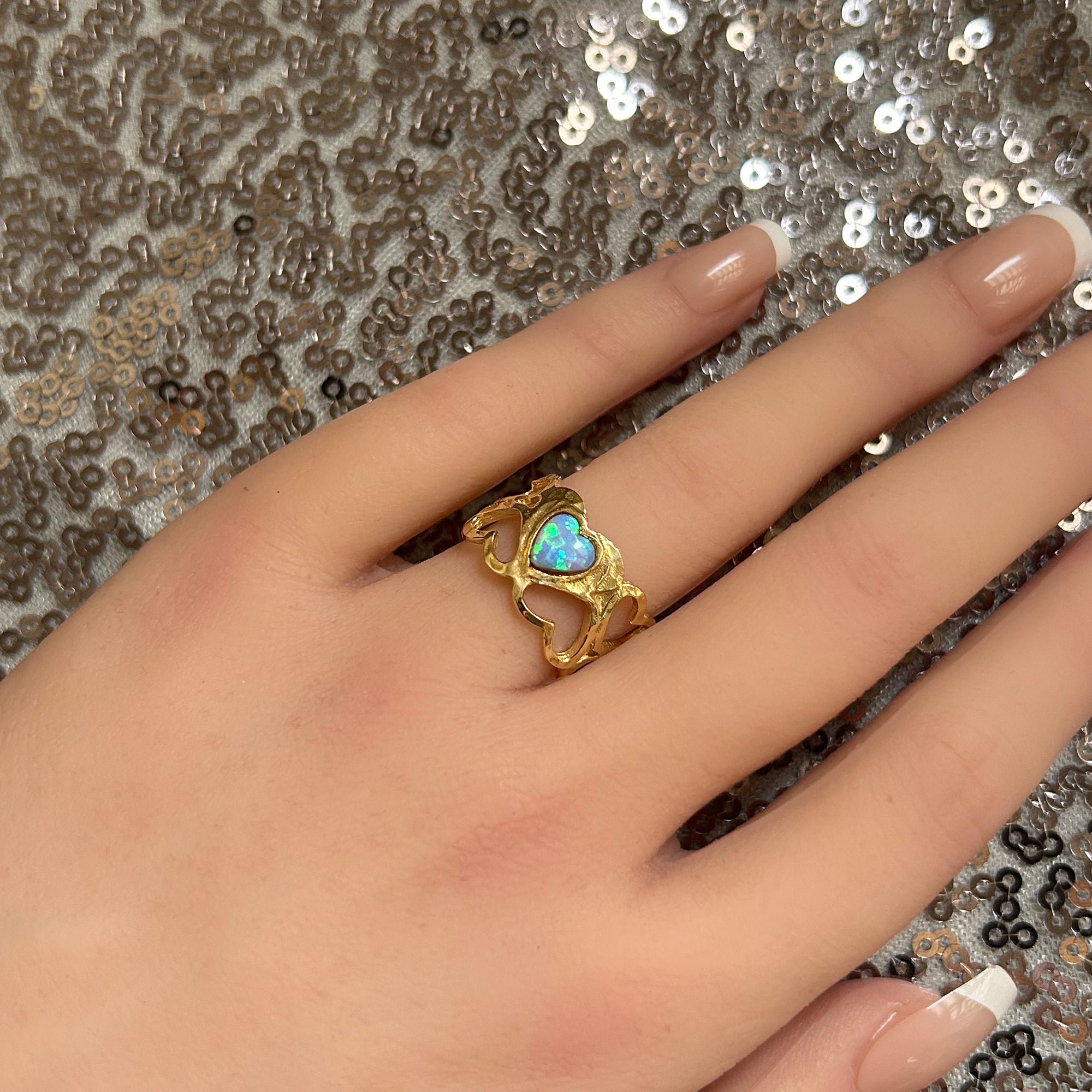 Blue Opal Ring - October Birthstone - Heart Blue Opal Gemstone Wide Ring with Heart Accents - H.L.Jewelry