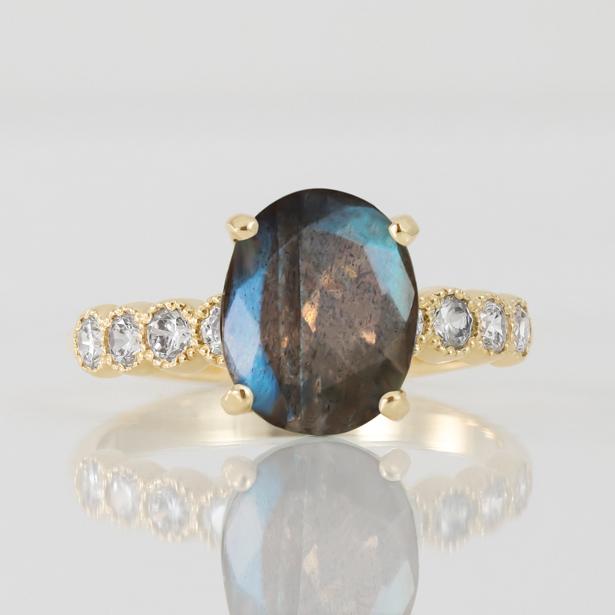 Labradorite Ring - Oval Labradorite Gemstone Statement Engagement Ring with Clear Quartz Accents - H.L.Jewelry