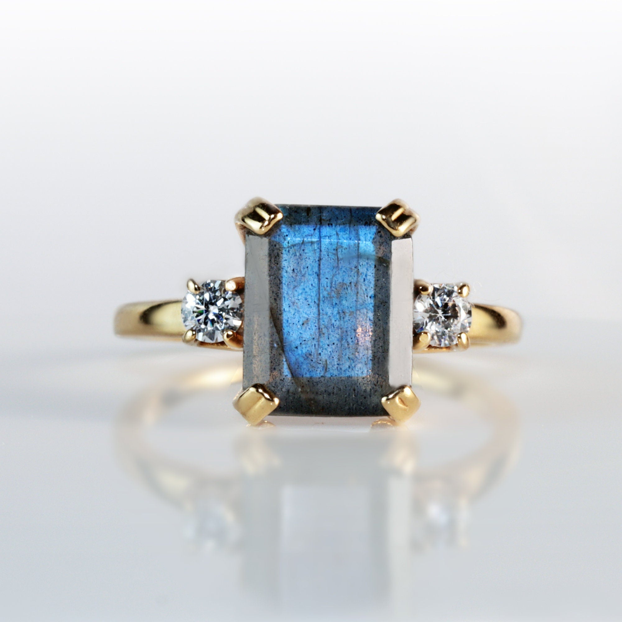 Labradorite Ring - Octagon Labradorite Ring with Quartz Accents - H.L.Jewelry