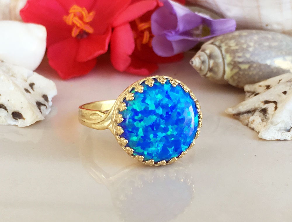 Large Blue Opal Round Crown Cocktail Statement Ring - H.L.Jewelry