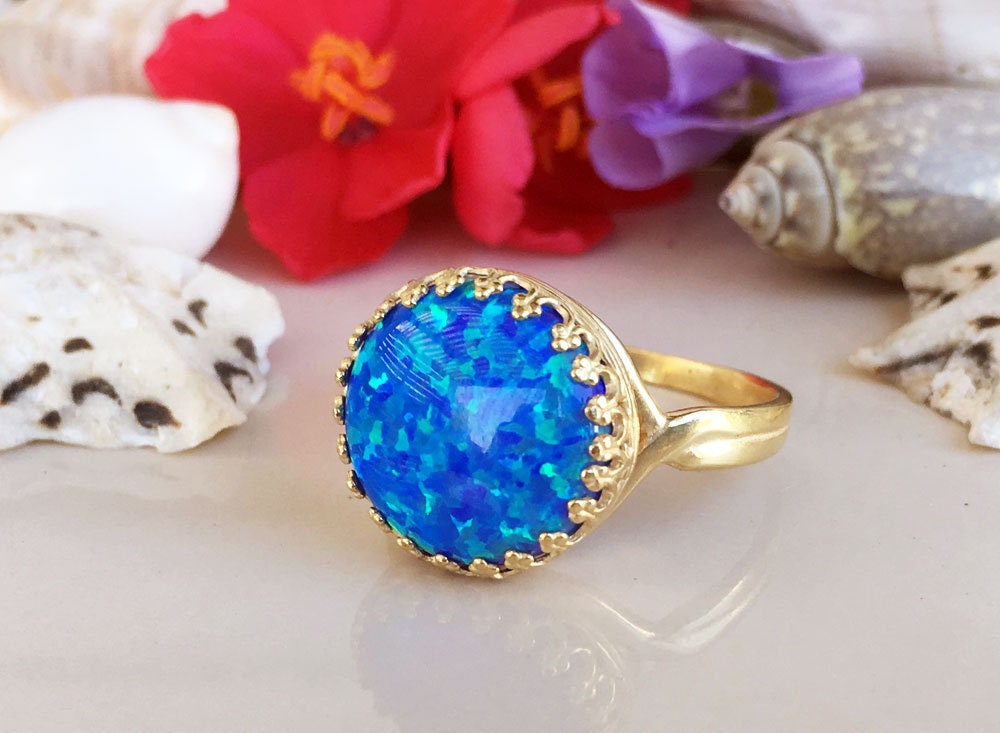 Large Blue Opal Round Crown Cocktail Statement Ring - H.L.Jewelry