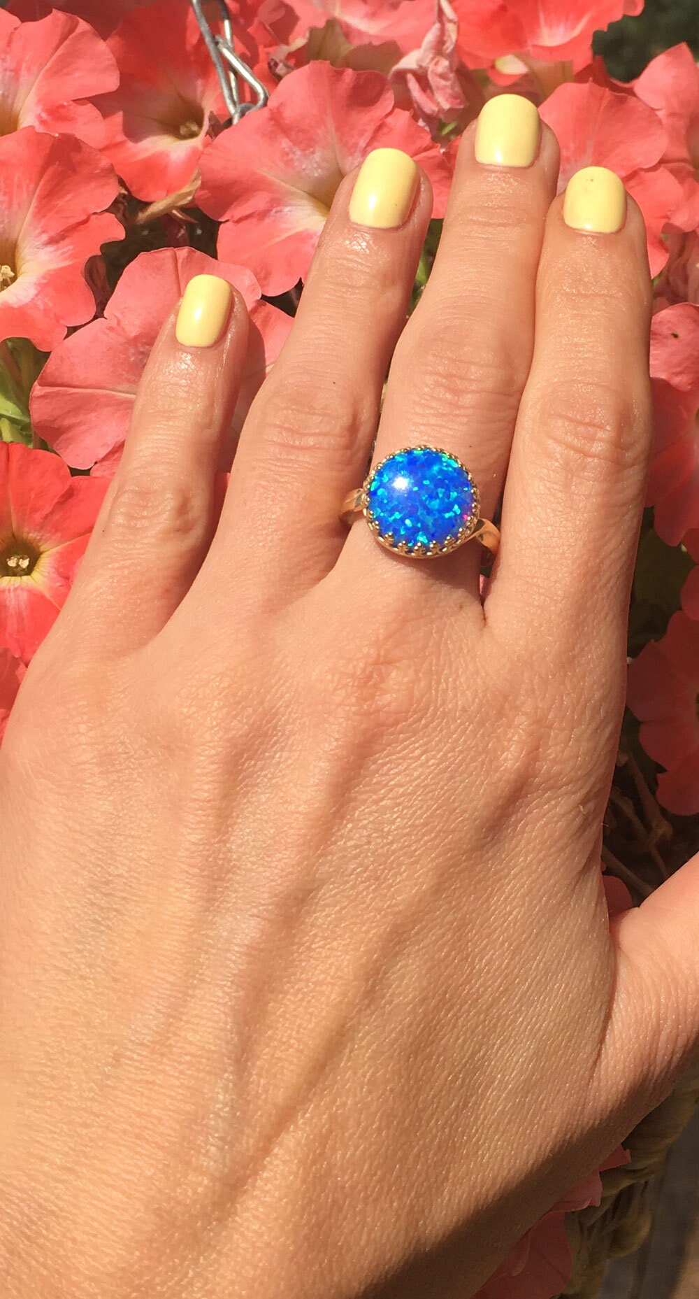 Large Blue Opal Round Crown Cocktail Statement Ring - H.L.Jewelry