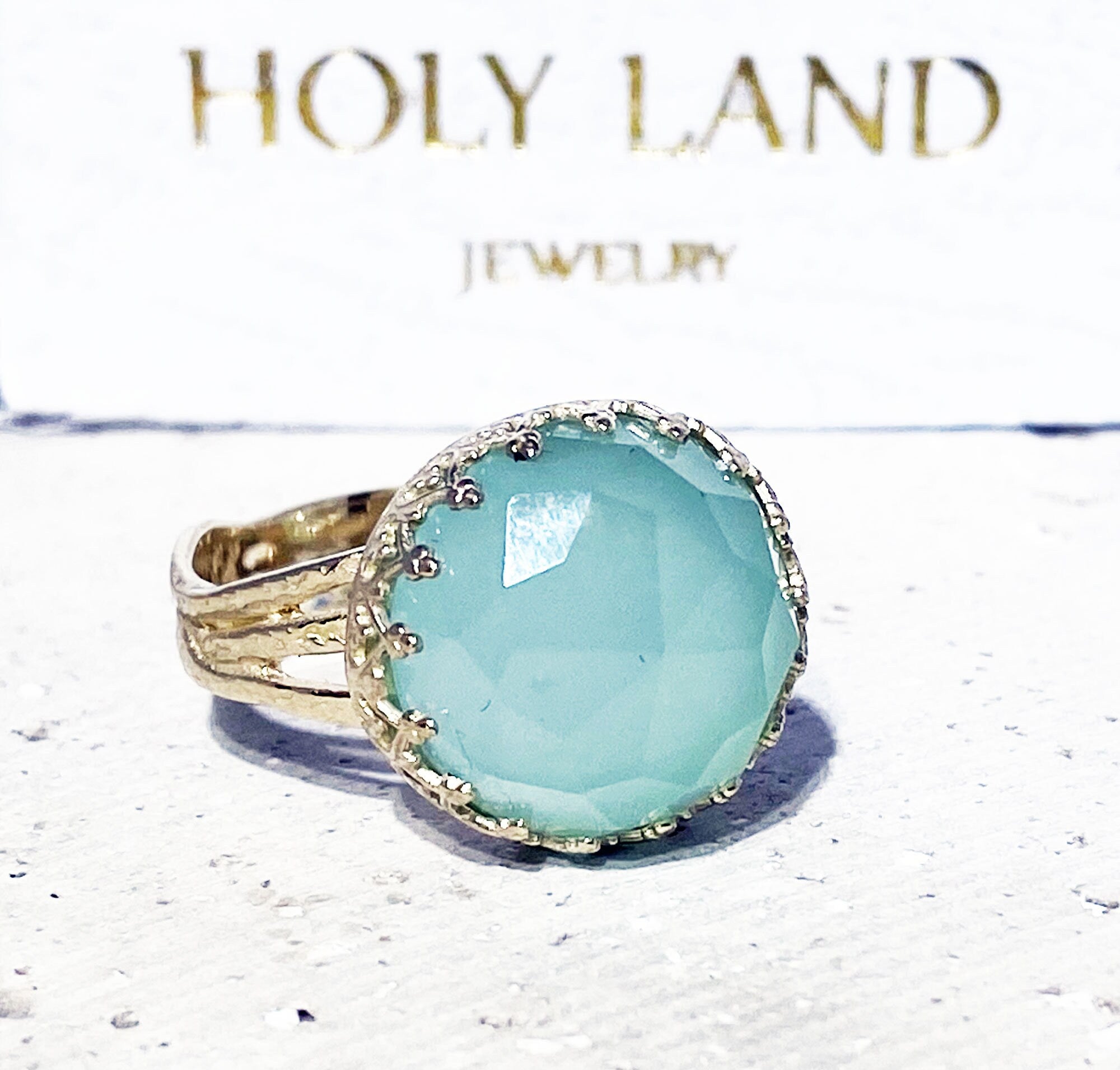 Large Green Chalcedony Cocktail Round Crown Ring - H.L.Jewelry