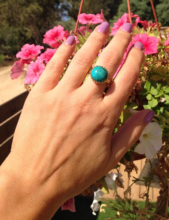 Large Green Turquoise Round Crown Ring - H.L.Jewelry