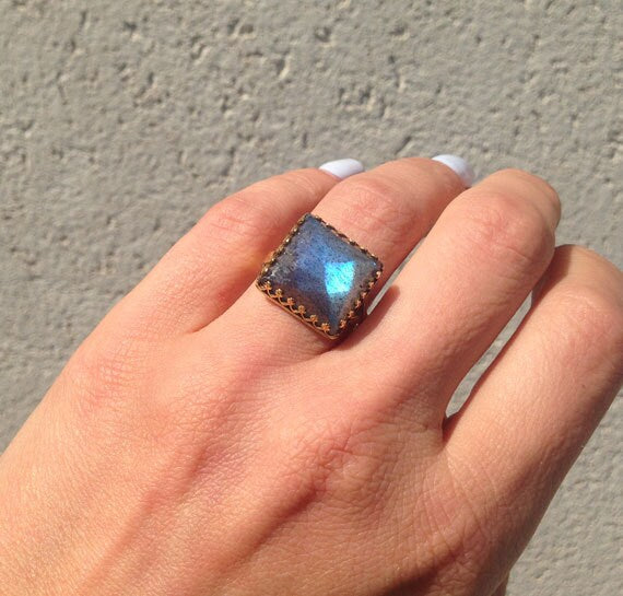 Large Labradorite Square Crown Statement Ring - H.L.Jewelry