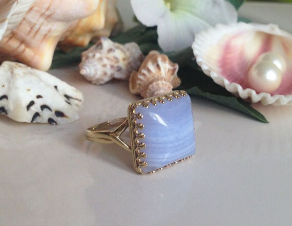 Large Lace Agate Gemstone Square Crown Ring - H.L.Jewelry
