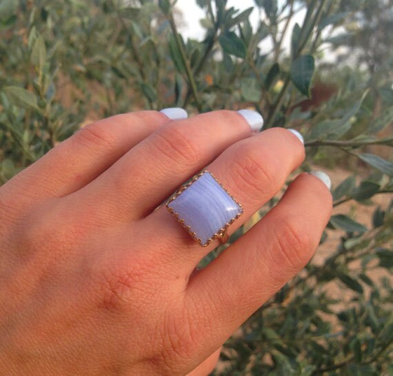 Large Lace Agate Gemstone Square Crown Ring - H.L.Jewelry