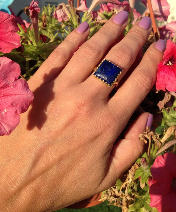 Large Lapis Lazuli Square Crown Statement Ring - H.L.Jewelry