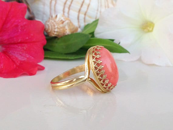 Large Peach Coral Oval Crown Statement Ring - H.L.Jewelry