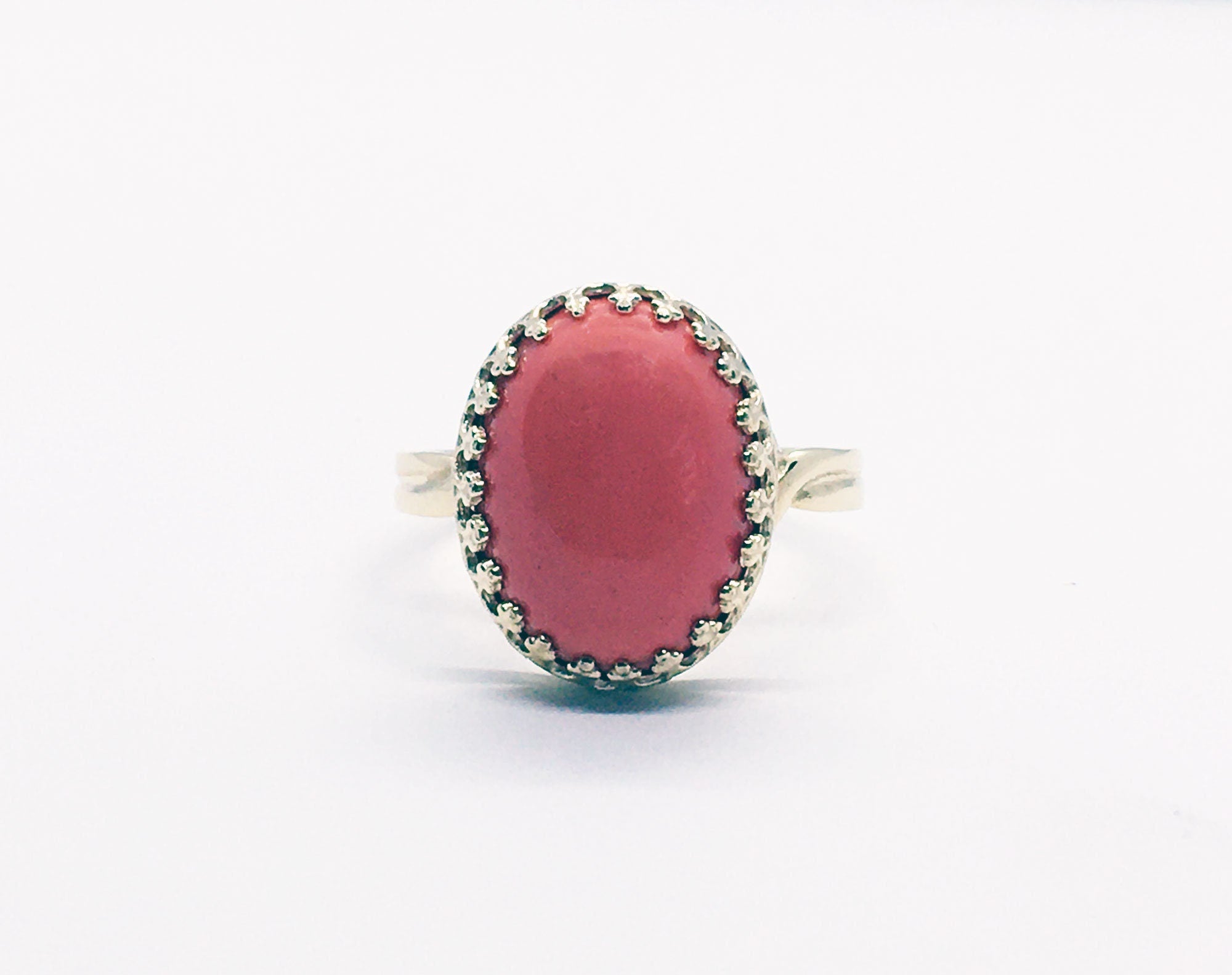 Large Peach Coral Oval Crown Statement Ring - H.L.Jewelry