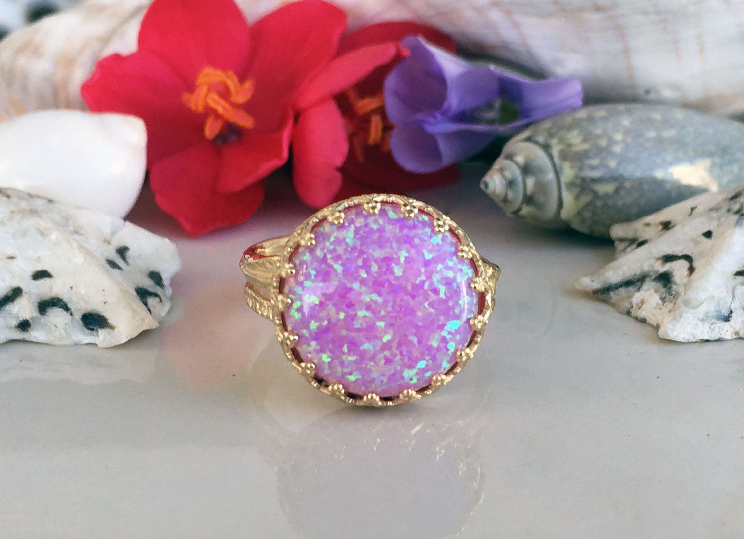 Large Pink Opal Round Crown Ring - H.L.Jewelry