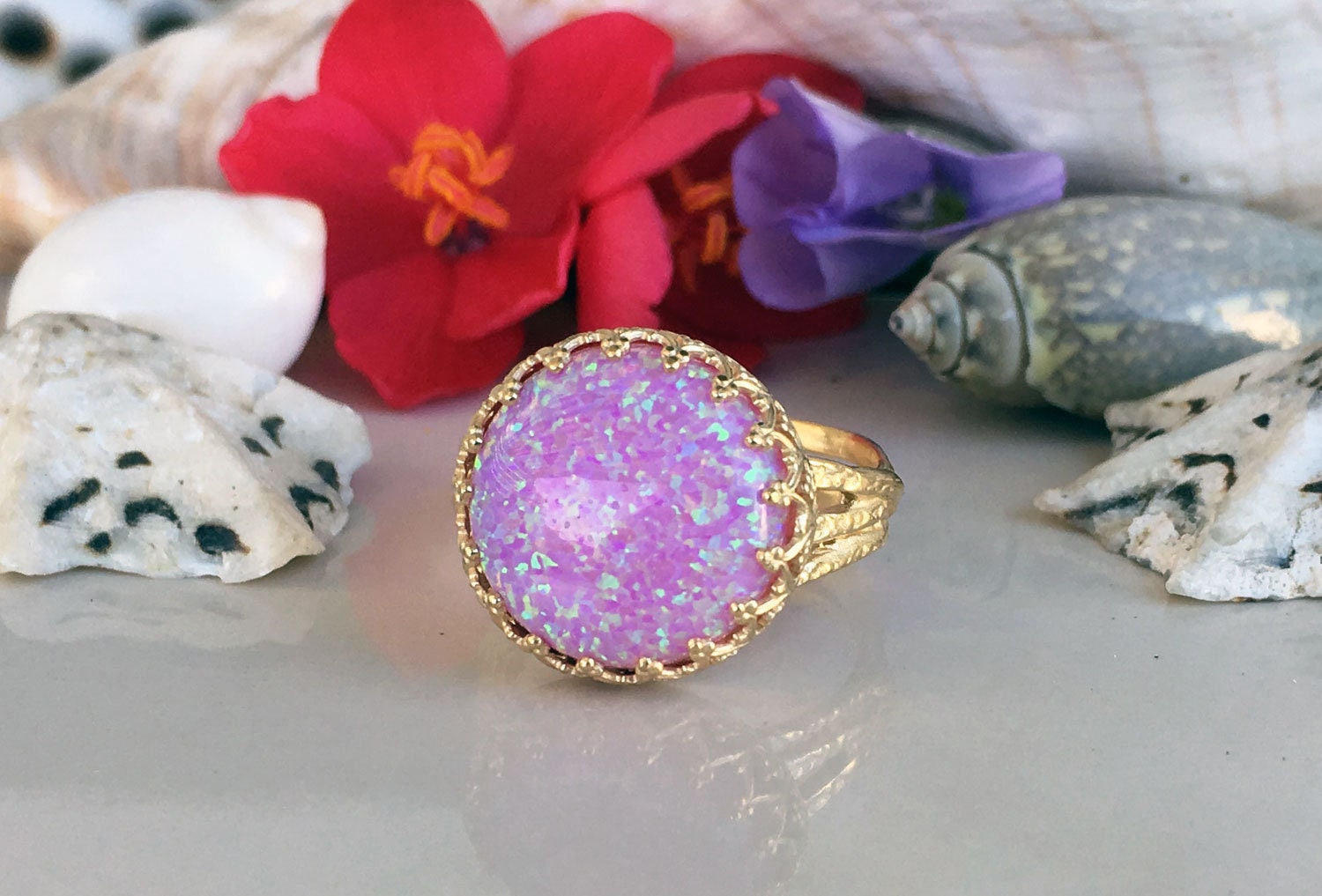 Large Pink Opal Round Crown Ring - H.L.Jewelry