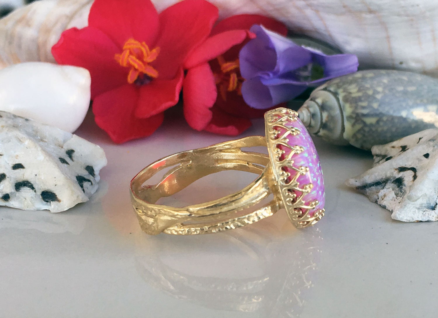 Large Pink Opal Round Crown Ring - H.L.Jewelry
