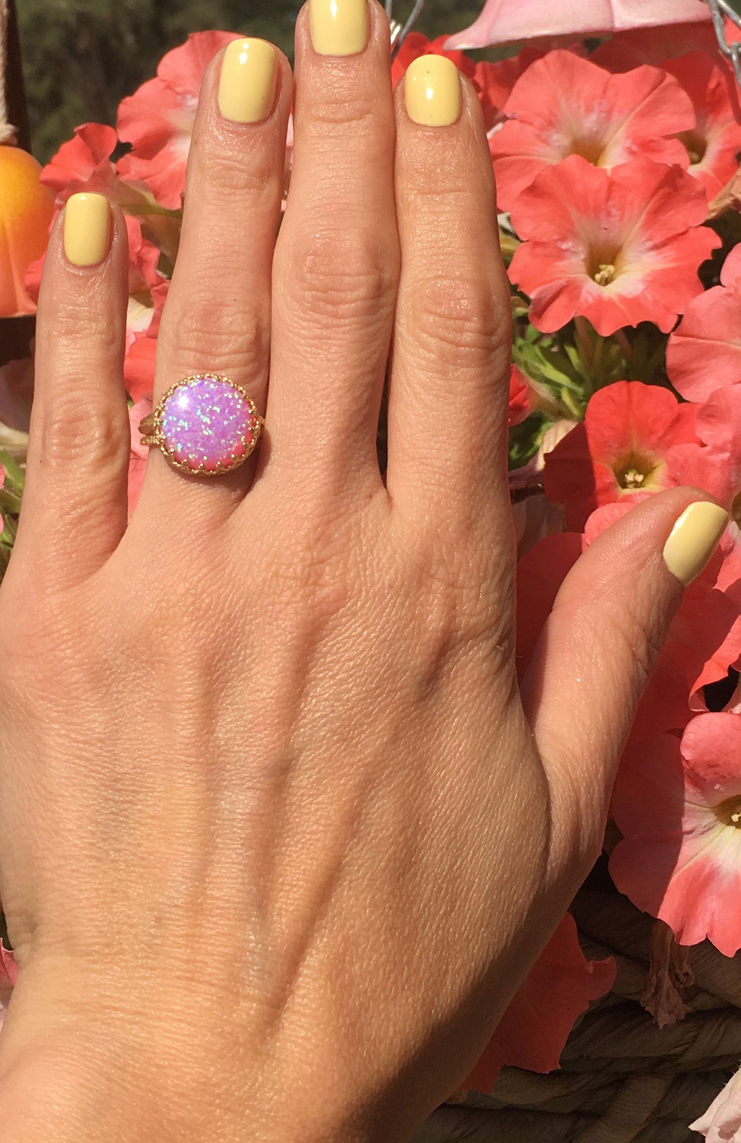 Large Pink Opal Round Crown Ring - H.L.Jewelry