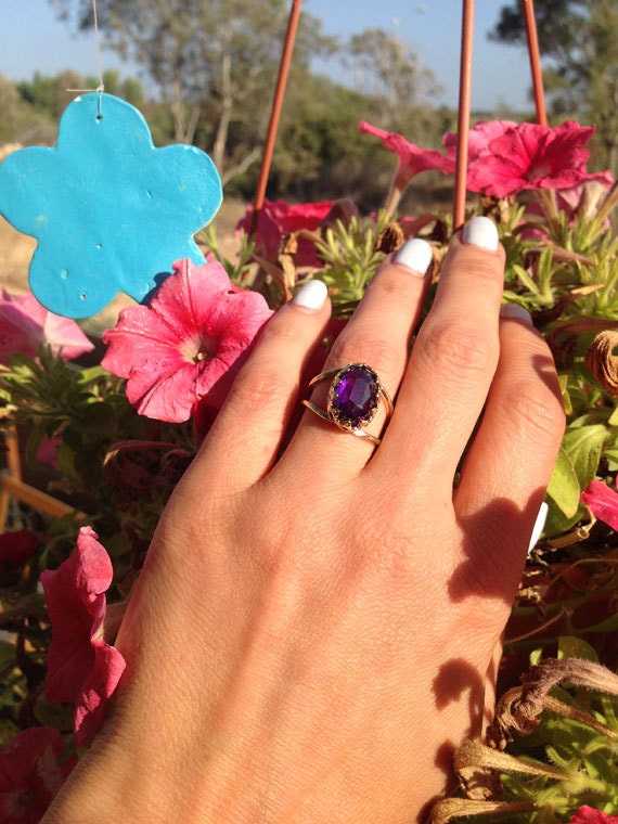 Large Purple Amethyst Oval Crown Double Band Statement Ring - H.L.Jewelry