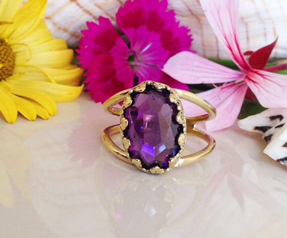Large Purple Amethyst Oval Crown Double Band Statement Ring - H.L.Jewelry