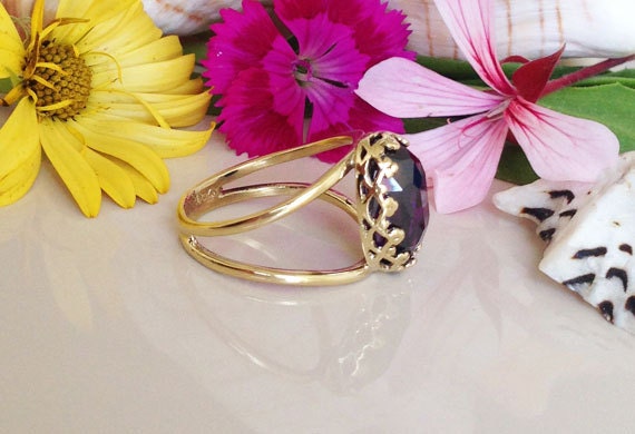 Large Purple Amethyst Oval Crown Double Band Statement Ring - H.L.Jewelry