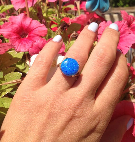 Large Round Blue Opal Cocktail Statement Ring - H.L.Jewelry
