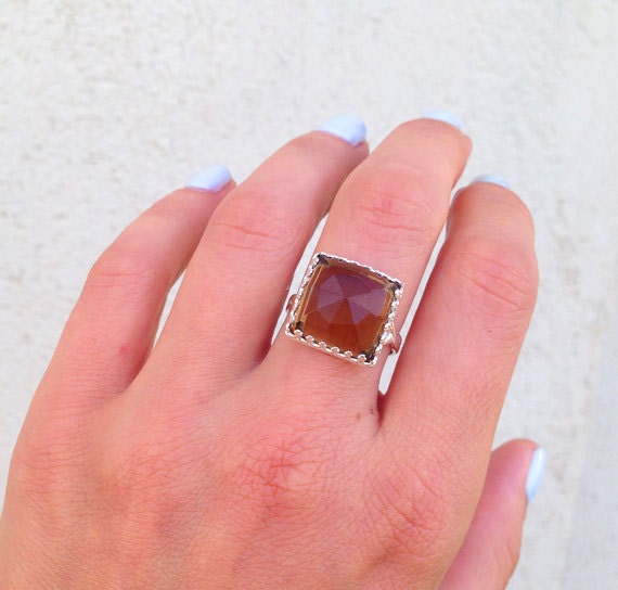 Large Smoky Quartz Square Crown Statement Ring - H.L.Jewelry