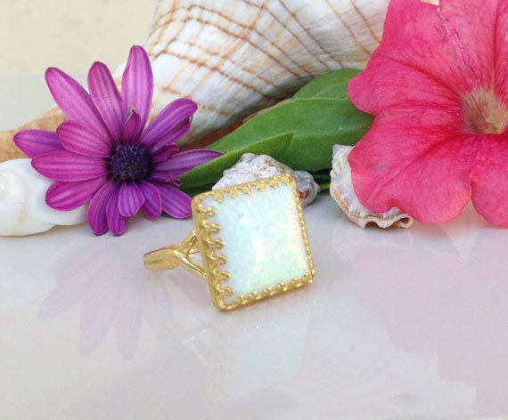 Large White Opal Square Crown Statement Ring - H.L.Jewelry
