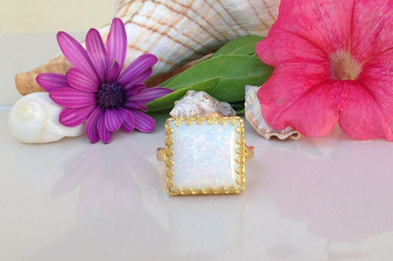 Large White Opal Square Crown Statement Ring - H.L.Jewelry