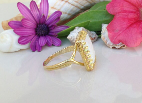 Large White Opal Square Crown Statement Ring - H.L.Jewelry