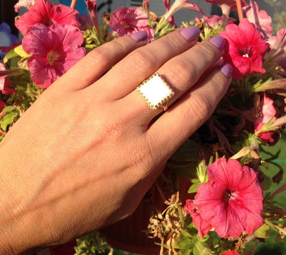 Large White Opal Square Crown Statement Ring - H.L.Jewelry