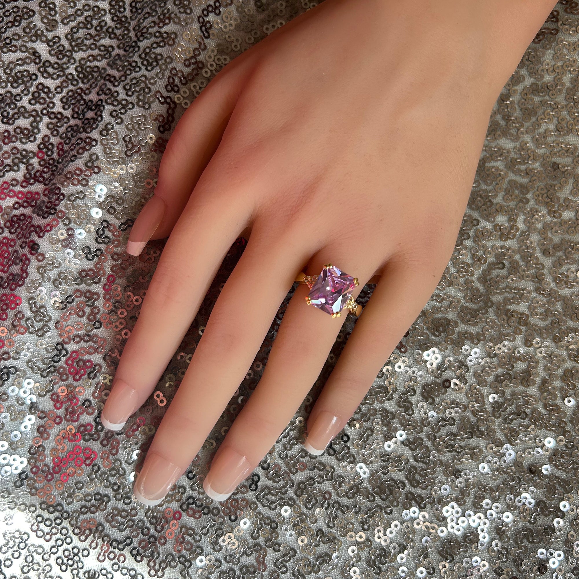 Lavender Amethyst Ring - Statement Engagement Ring with Octagon Lavender Amethyst Gemstone and Clear Quartz Accents - H.L.Jewelry