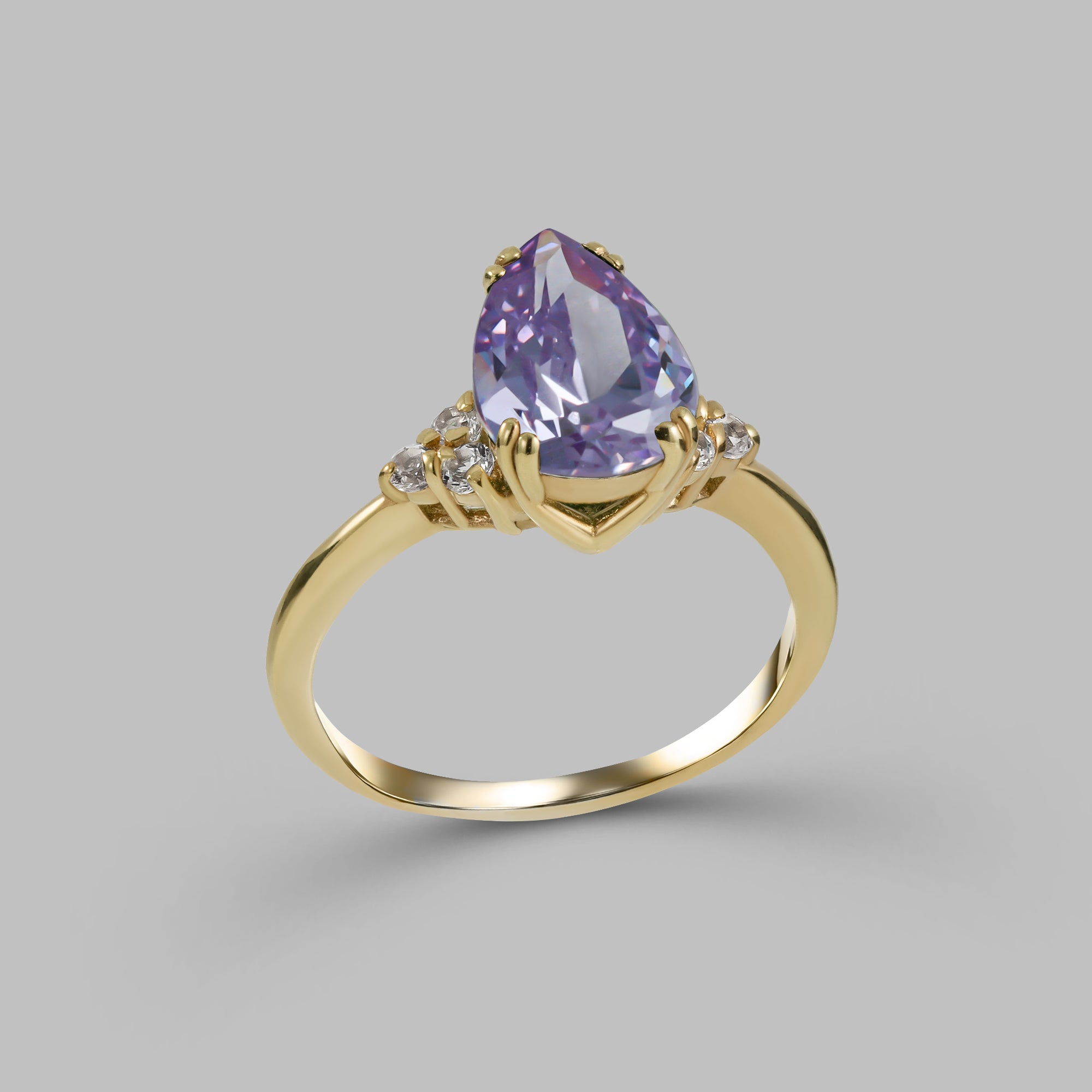 Lavender Amethyst Ring - Pear-Shaped Lavender Amethyst Gemstone Statement Engagement Ring with Clear Quartz Accents - H.L.Jewelry