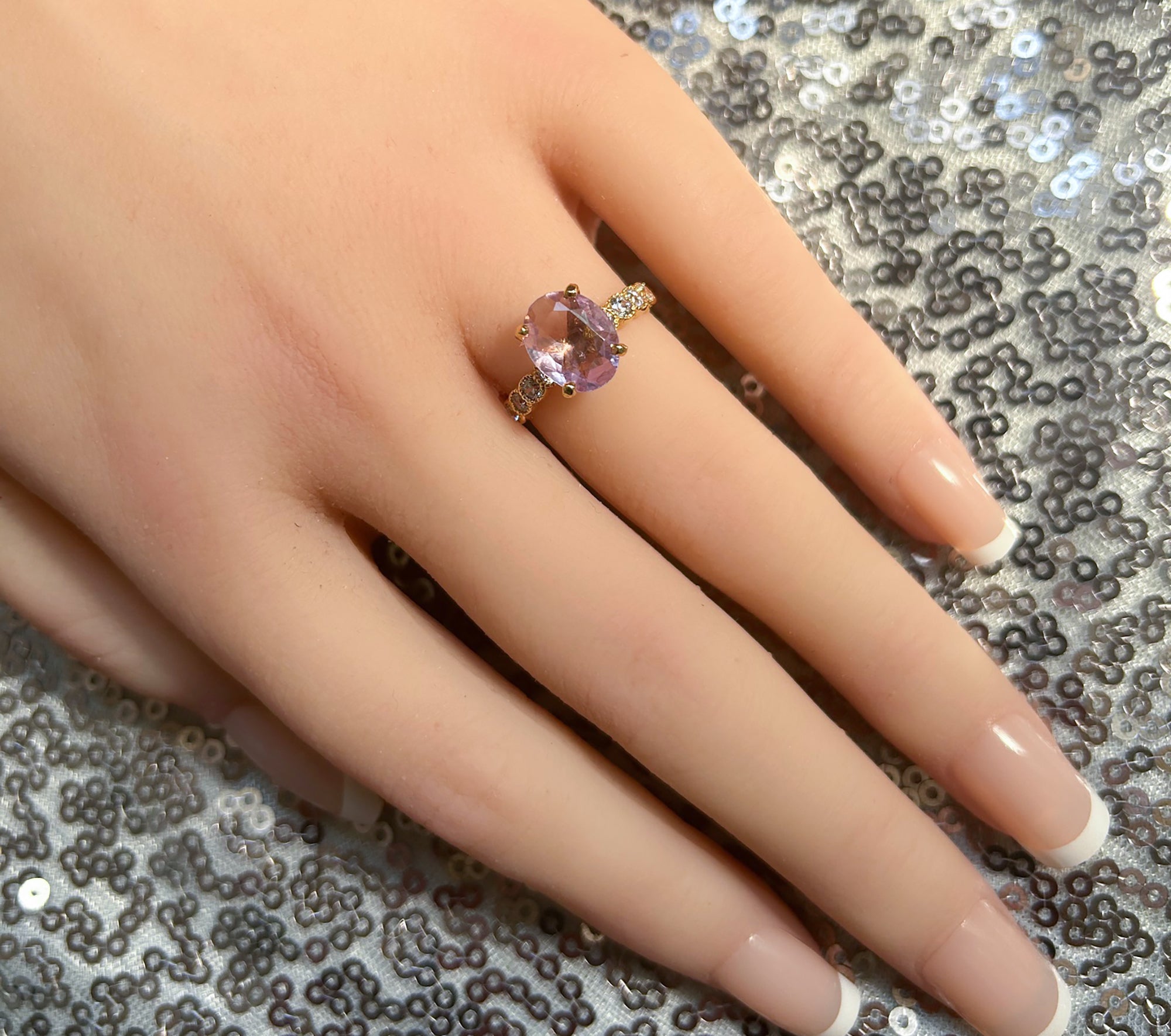 Lavender Amethyst Ring - Oval Lavender Amethyst Gemstone Statement Engagement Ring with Clear Quartz Accents - H.L.Jewelry