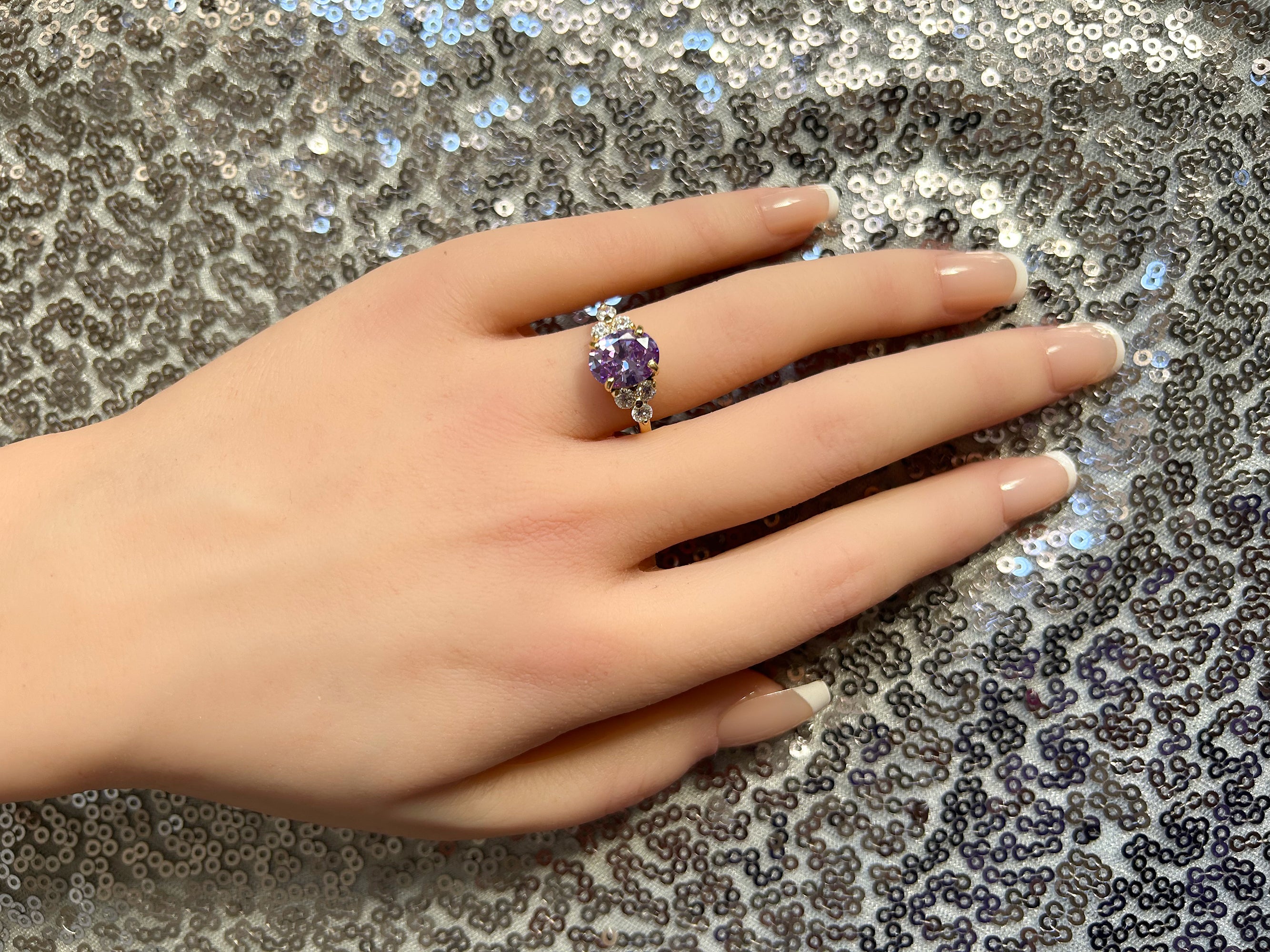 Lavender Amethyst Ring - Statement Engagement Ring with Oval Lavender Amethyst Gemstone and Clear Quartz Accents - H.L.Jewelry