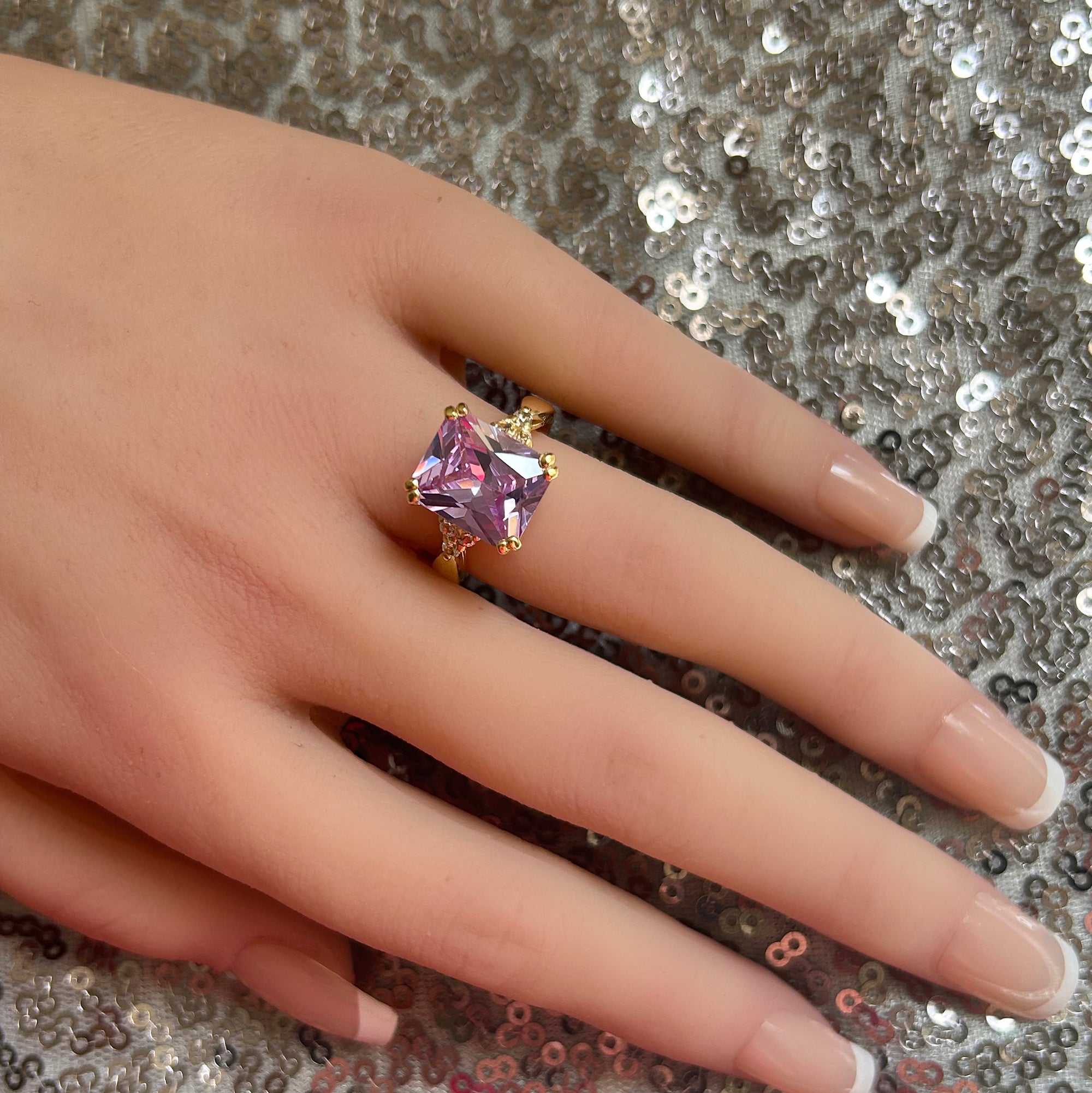 Lavender Amethyst Ring - Statement Engagement Ring with Octagon Lavender Amethyst Gemstone and Clear Quartz Accents - H.L.Jewelry