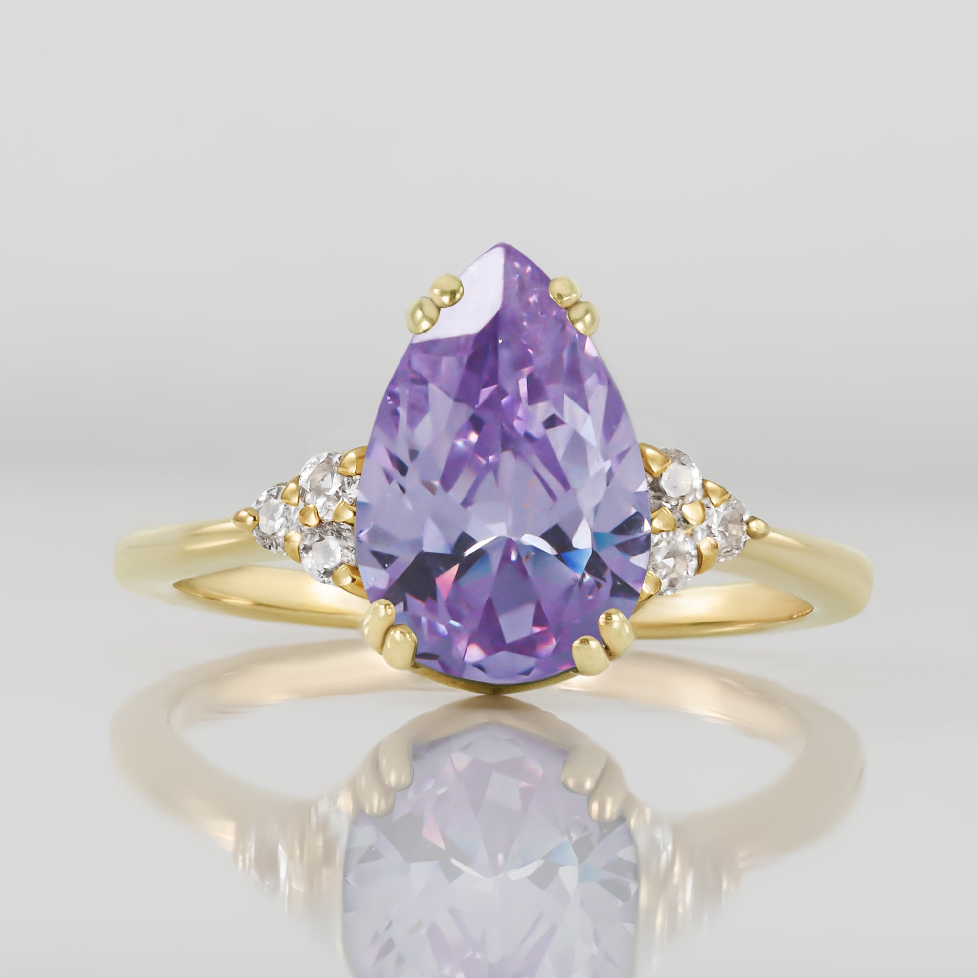 Lavender Amethyst Ring - Pear-Shaped Lavender Amethyst Gemstone Statement Engagement Ring with Clear Quartz Accents - H.L.Jewelry